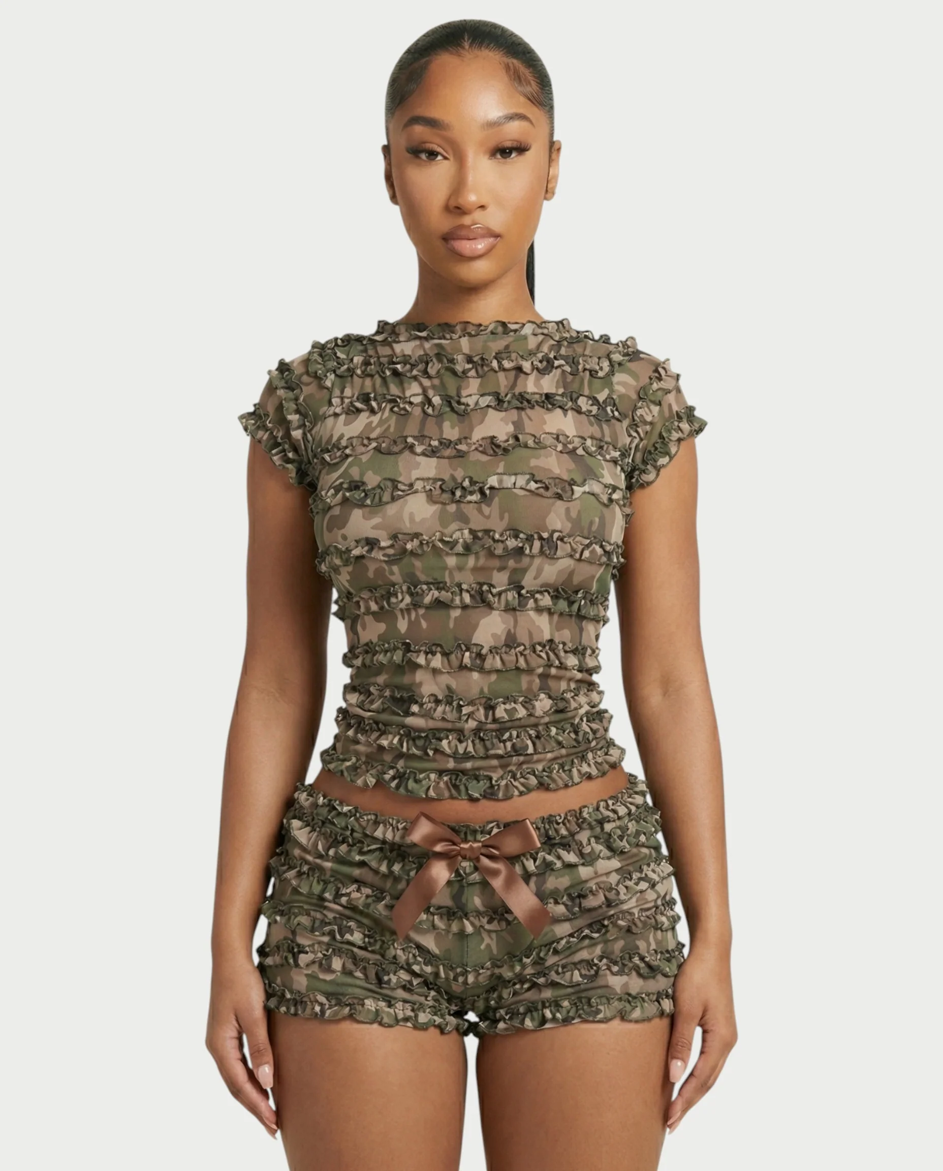 GALENA Ruffle Lace-Up Back Crop Top & Shorts Set - Image 4