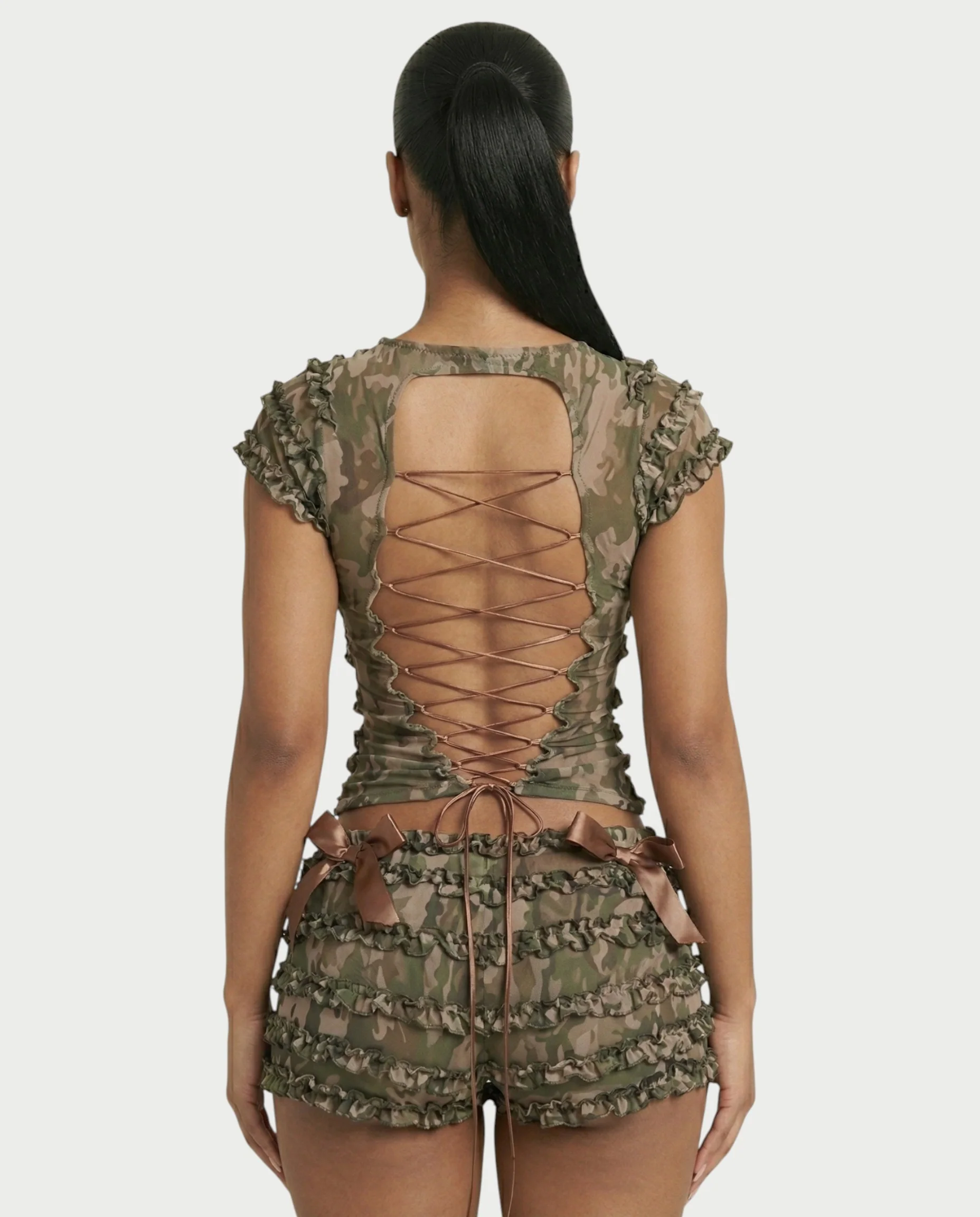 GALENA Ruffle Lace-Up Back Crop Top & Shorts Set - Image 5