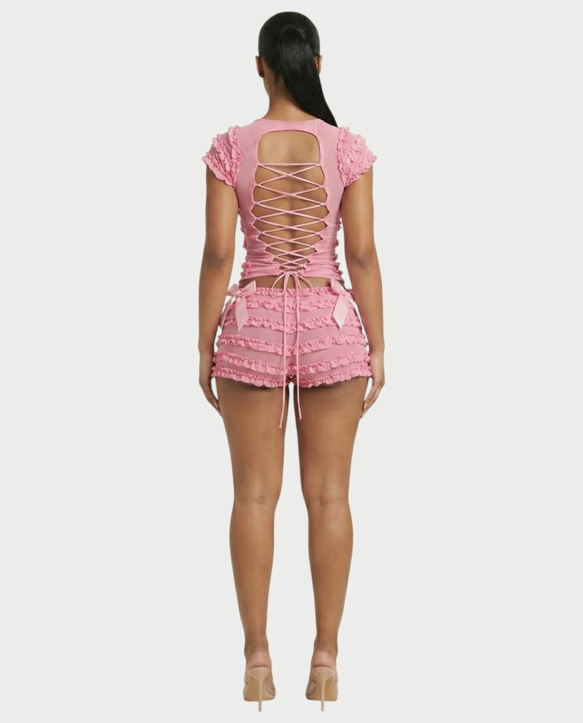 GALENA Ruffle Lace-Up Back Crop Top & Shorts Set - Image 7