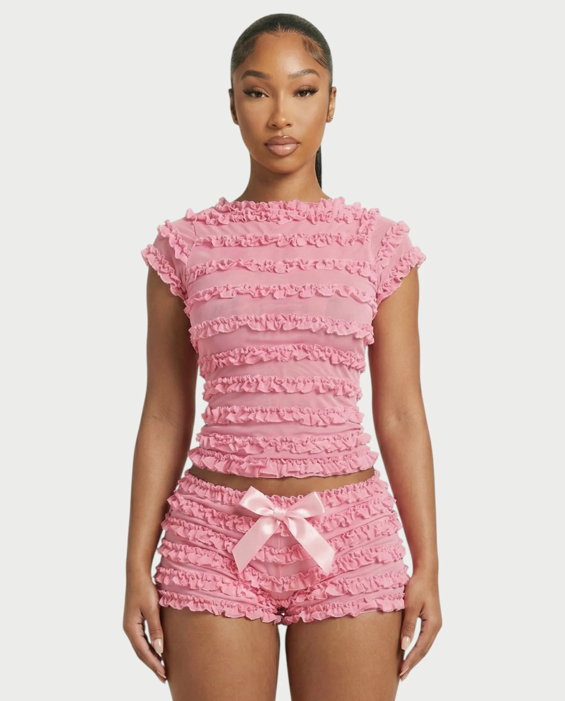 GALENA Ruffle Lace-Up Back Crop Top & Shorts Set - Image 9