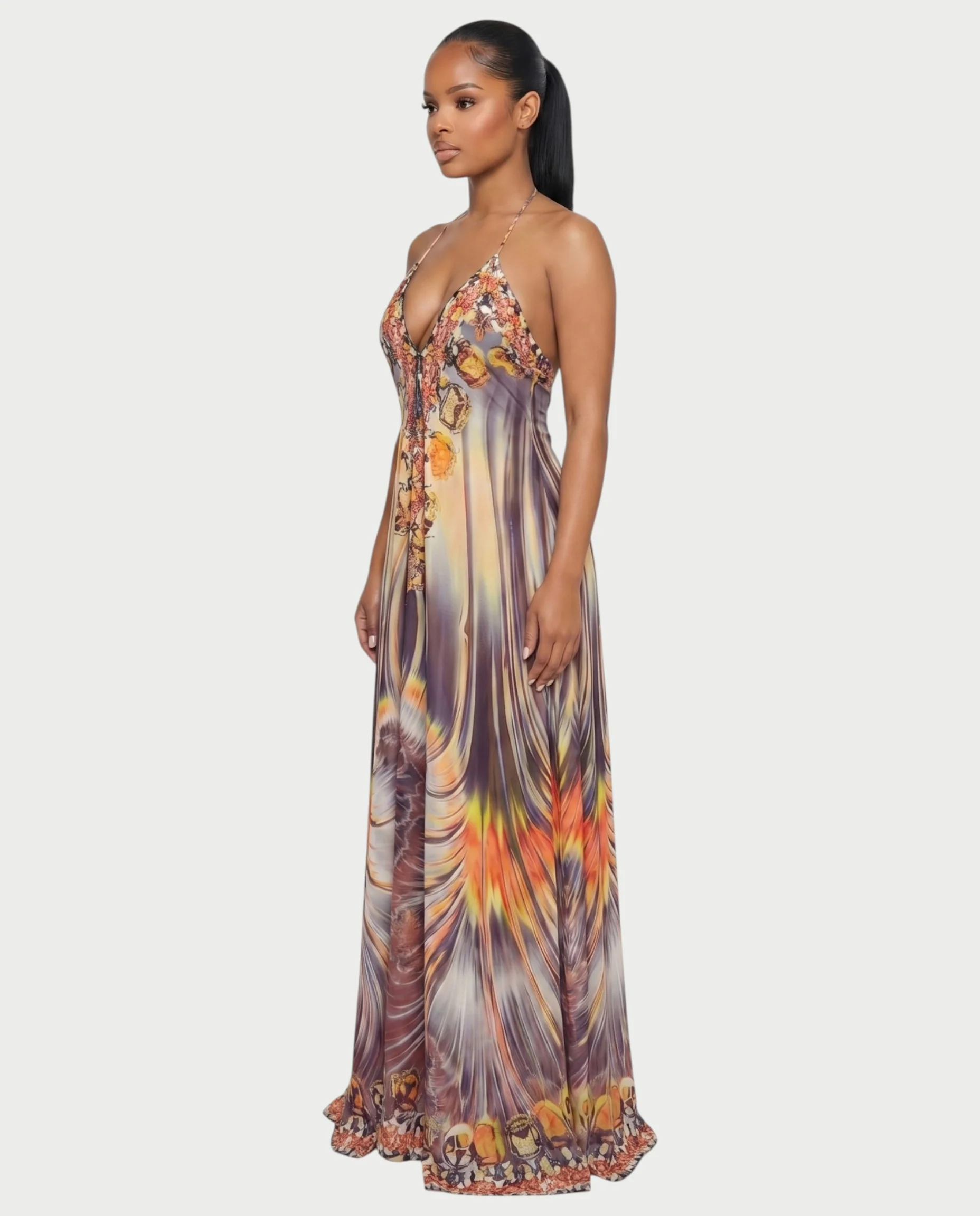 GENDA Feather Ombre Flowing Halter Maxi Dress - Image 3