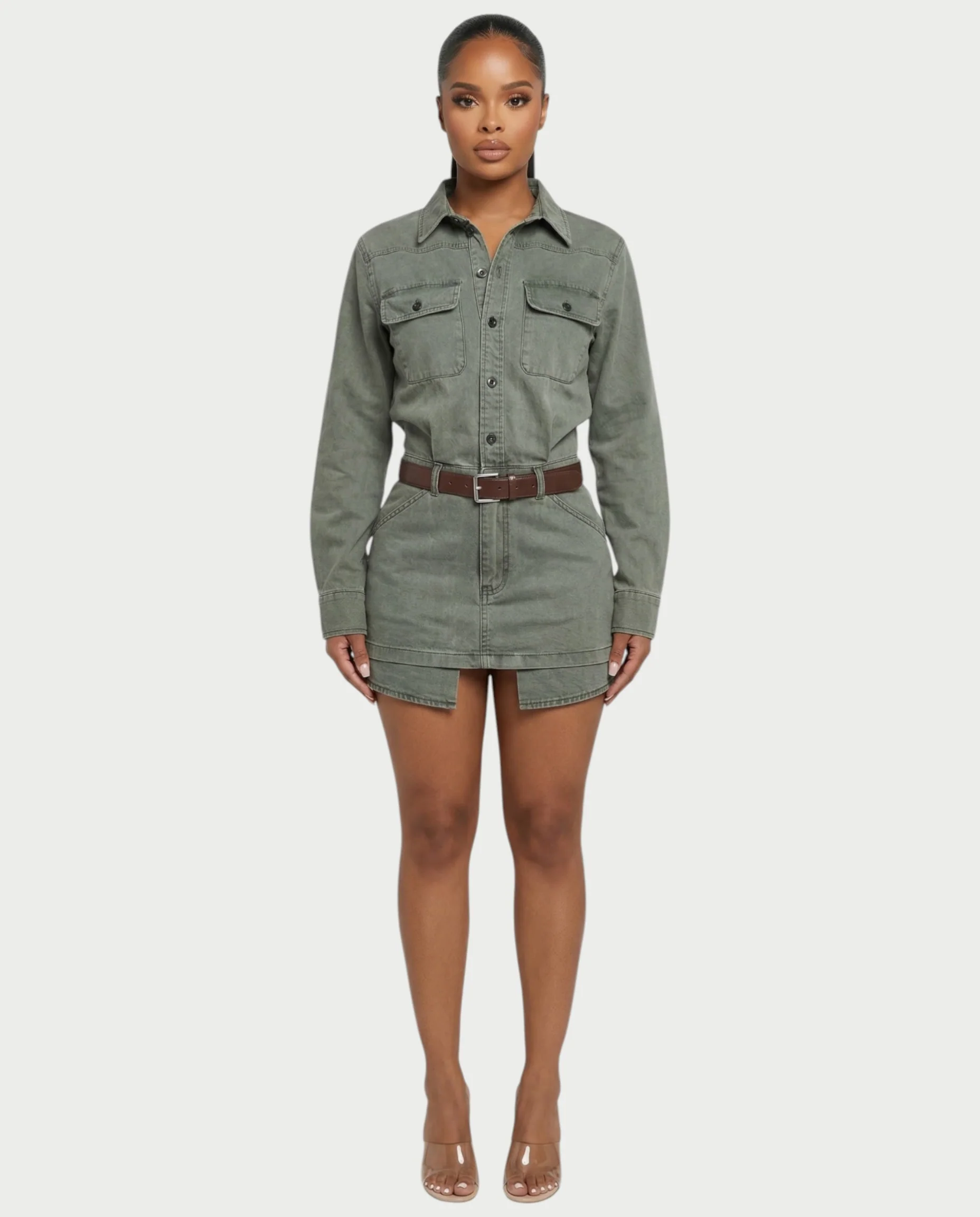 GENYA Denim Utility Pocket Button-Up Belted Mini Dress