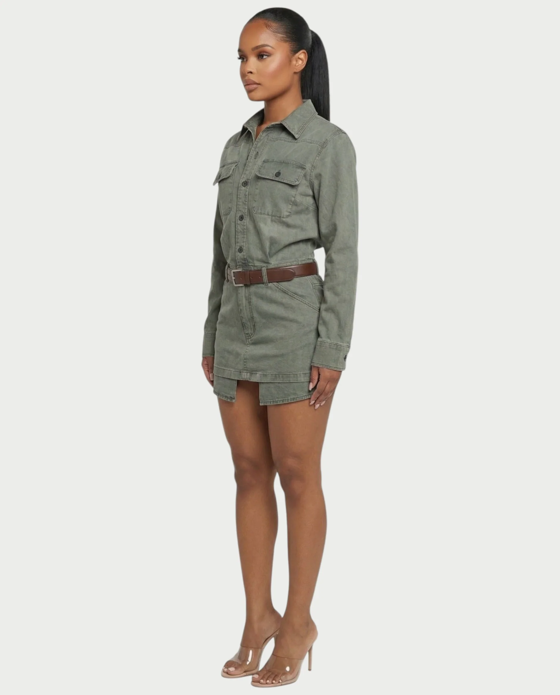 GENYA Denim Utility Pocket Button-Up Belted Mini Dress - Image 3