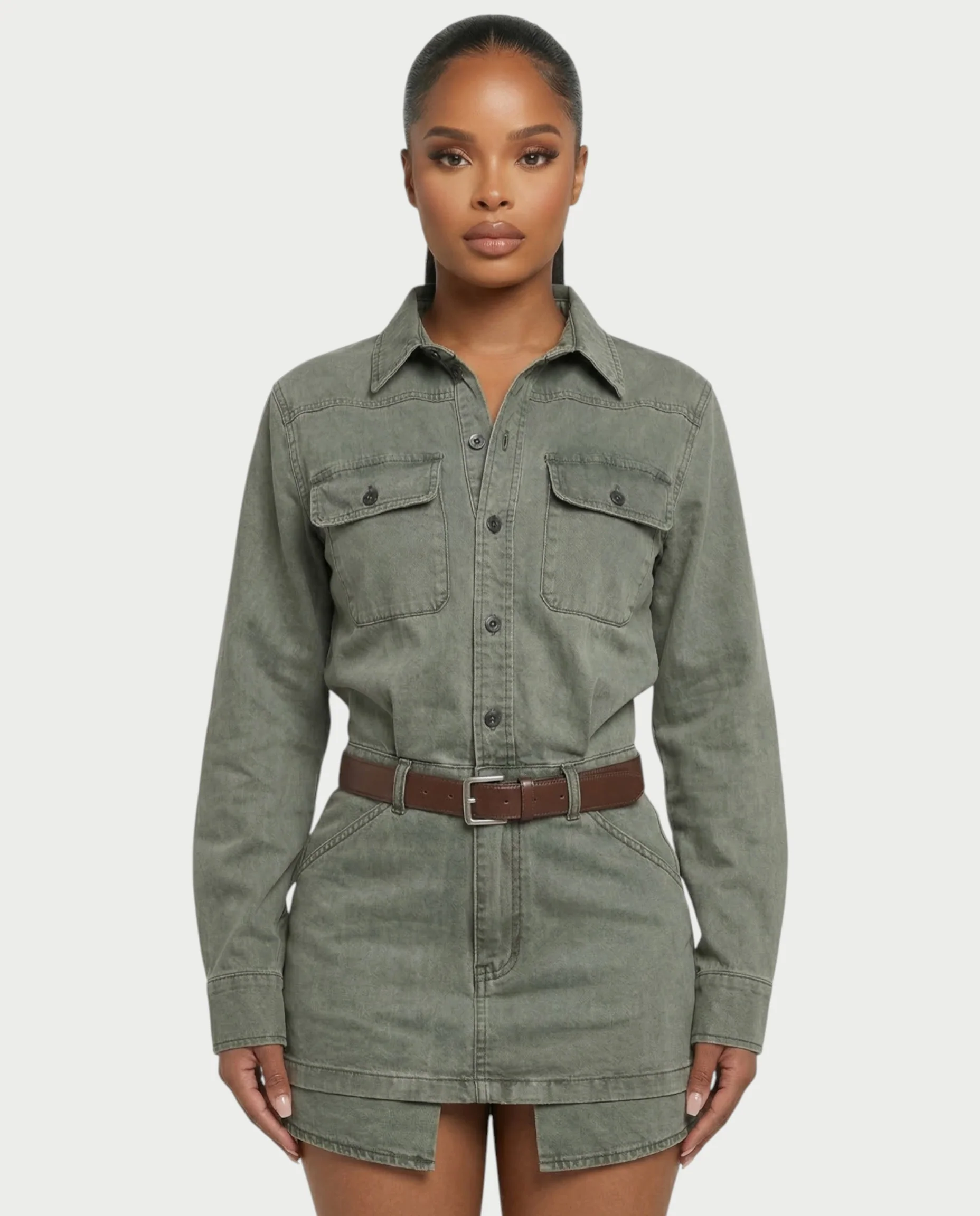 GENYA Denim Utility Pocket Button-Up Belted Mini Dress - Image 4