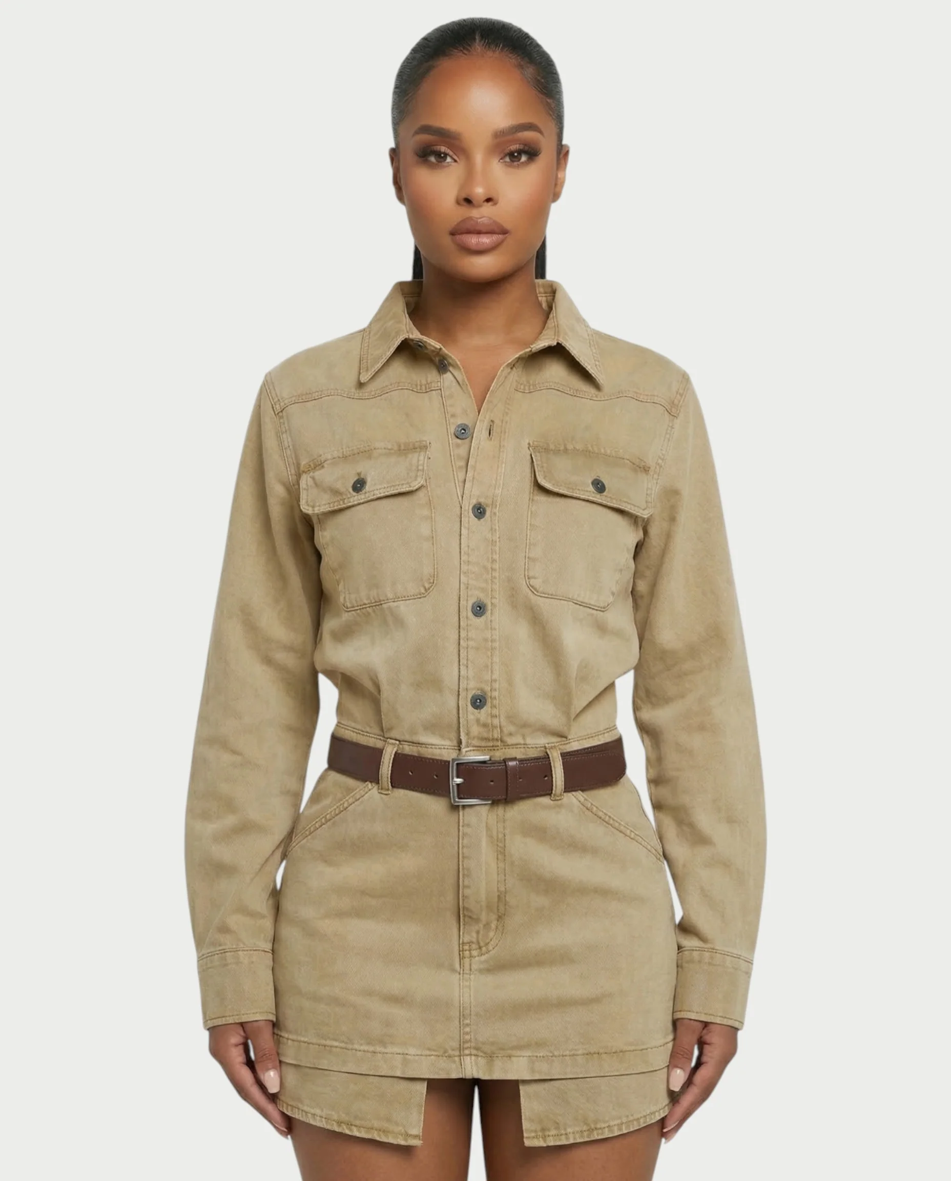 GENYA Denim Utility Pocket Button-Up Belted Mini Dress - Image 9