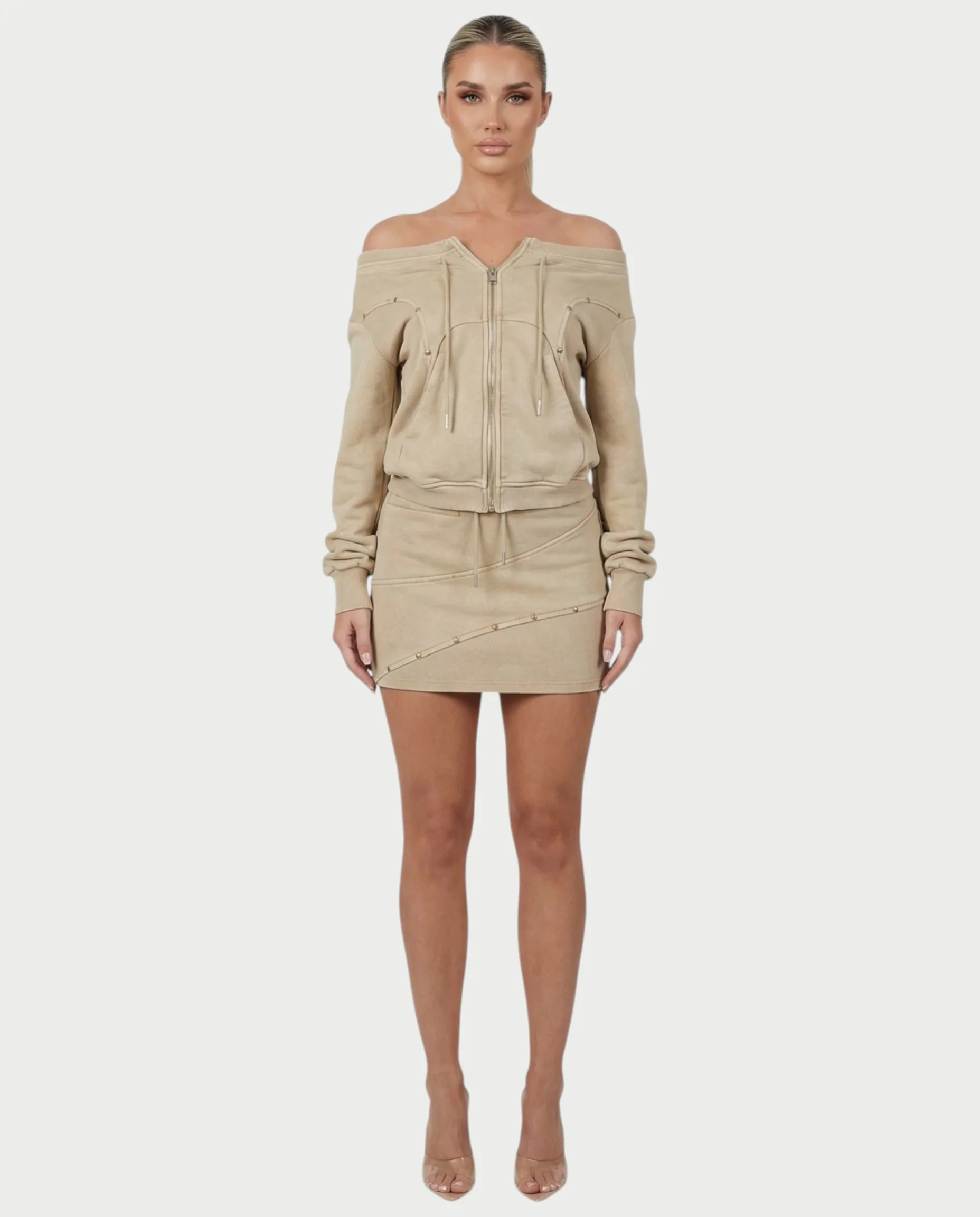 GWENY Retro Long-sleeved Studded Jacket & Skirt Set