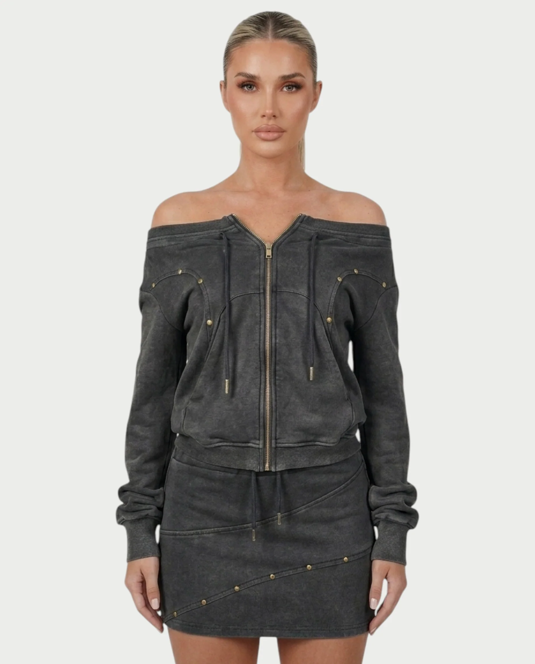 GWENY Retro Long-sleeved Studded Jacket & Skirt Set - Image 13