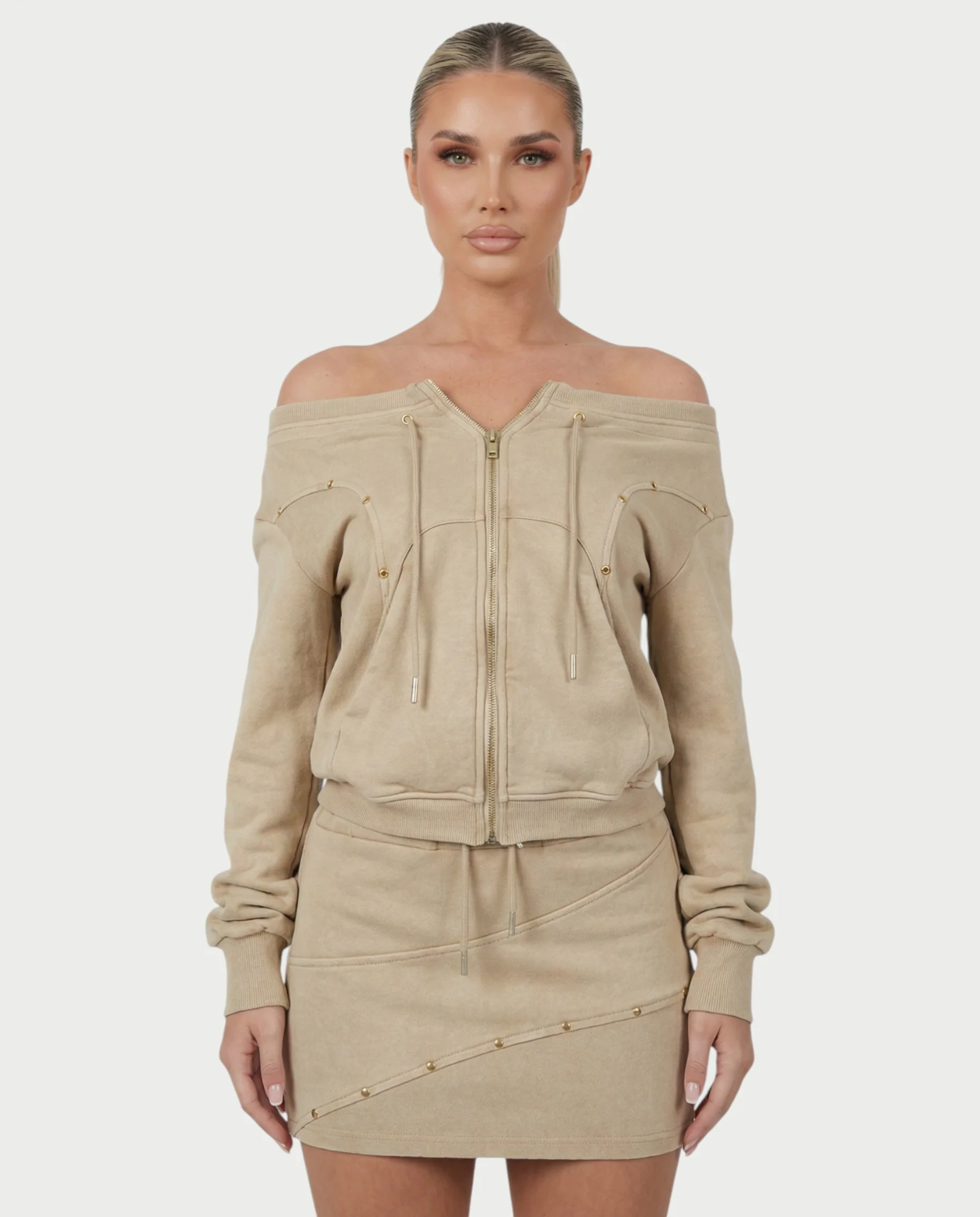 GWENY Retro Long-sleeved Studded Jacket & Skirt Set - Image 6