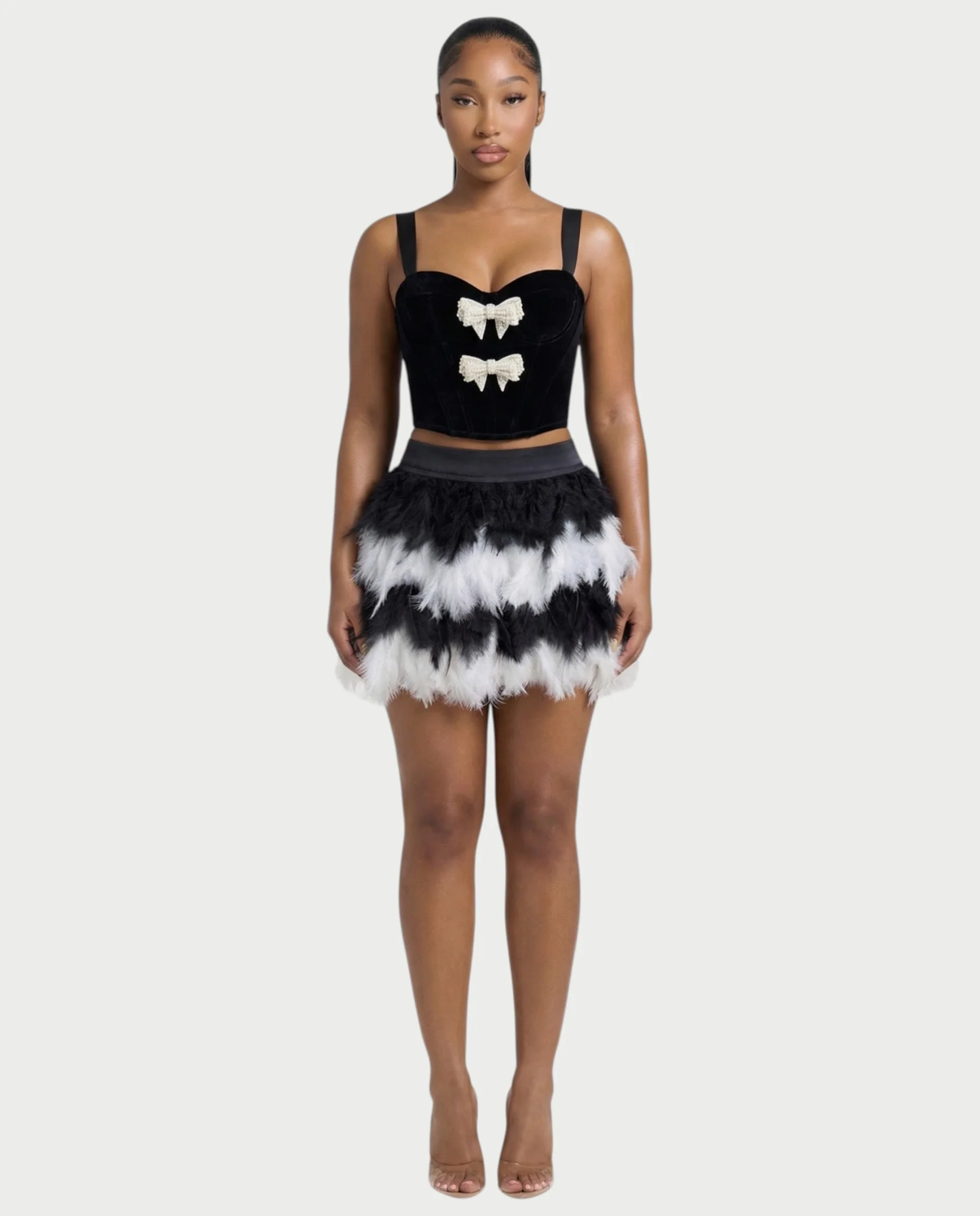 HALEYA Bow-Detail Corset Top & Feather Mini Skirt Set