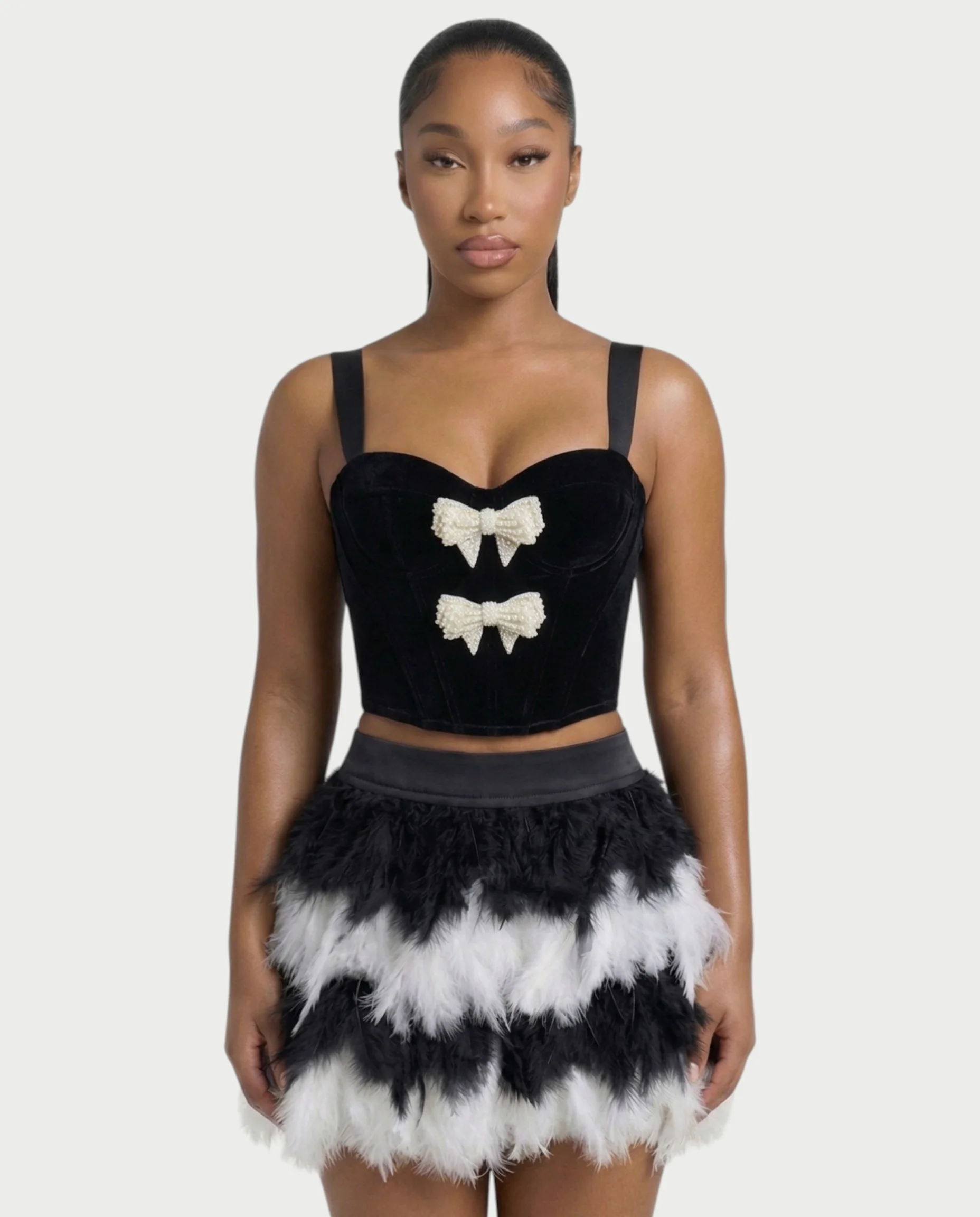 HALEYA Bow-Detail Corset Top & Feather Mini Skirt Set - Image 3