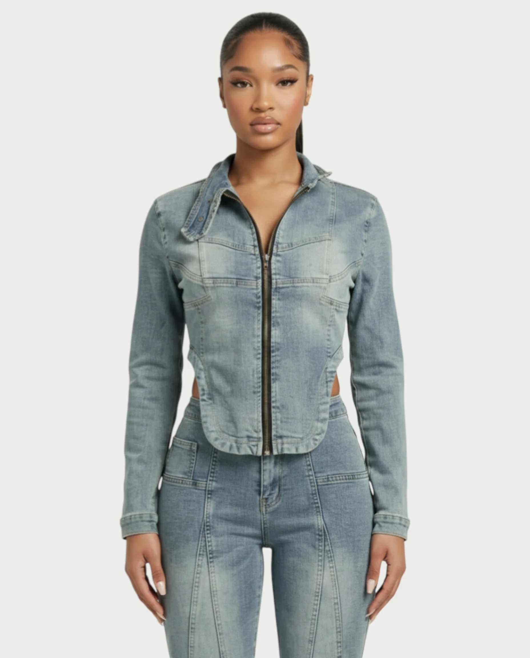 HARISHA Denim Zip-Up Top & Pants Set - Image 4