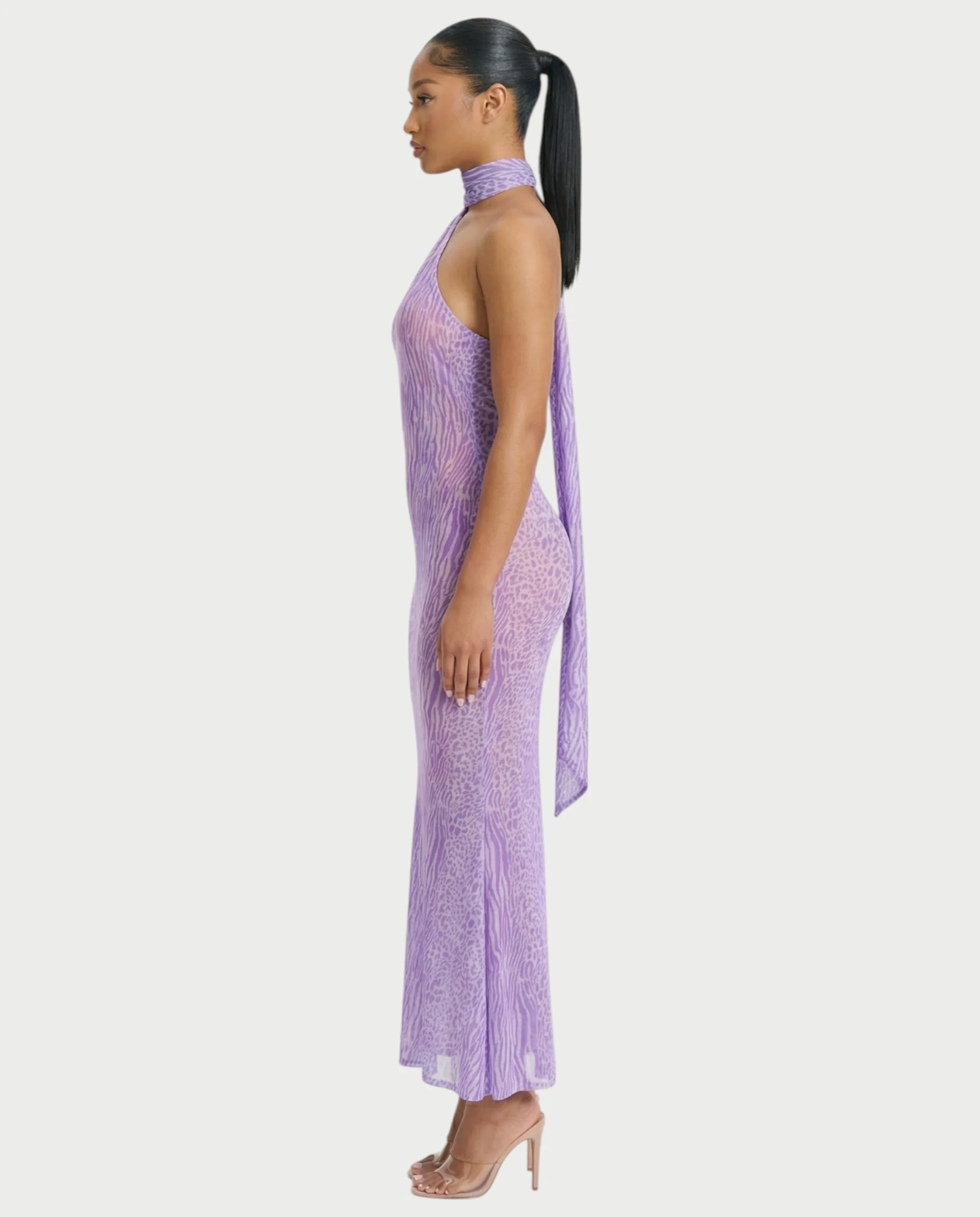 HAYANA Sheer Leopard Scarf Detail Backless Maxi Dress - Image 3