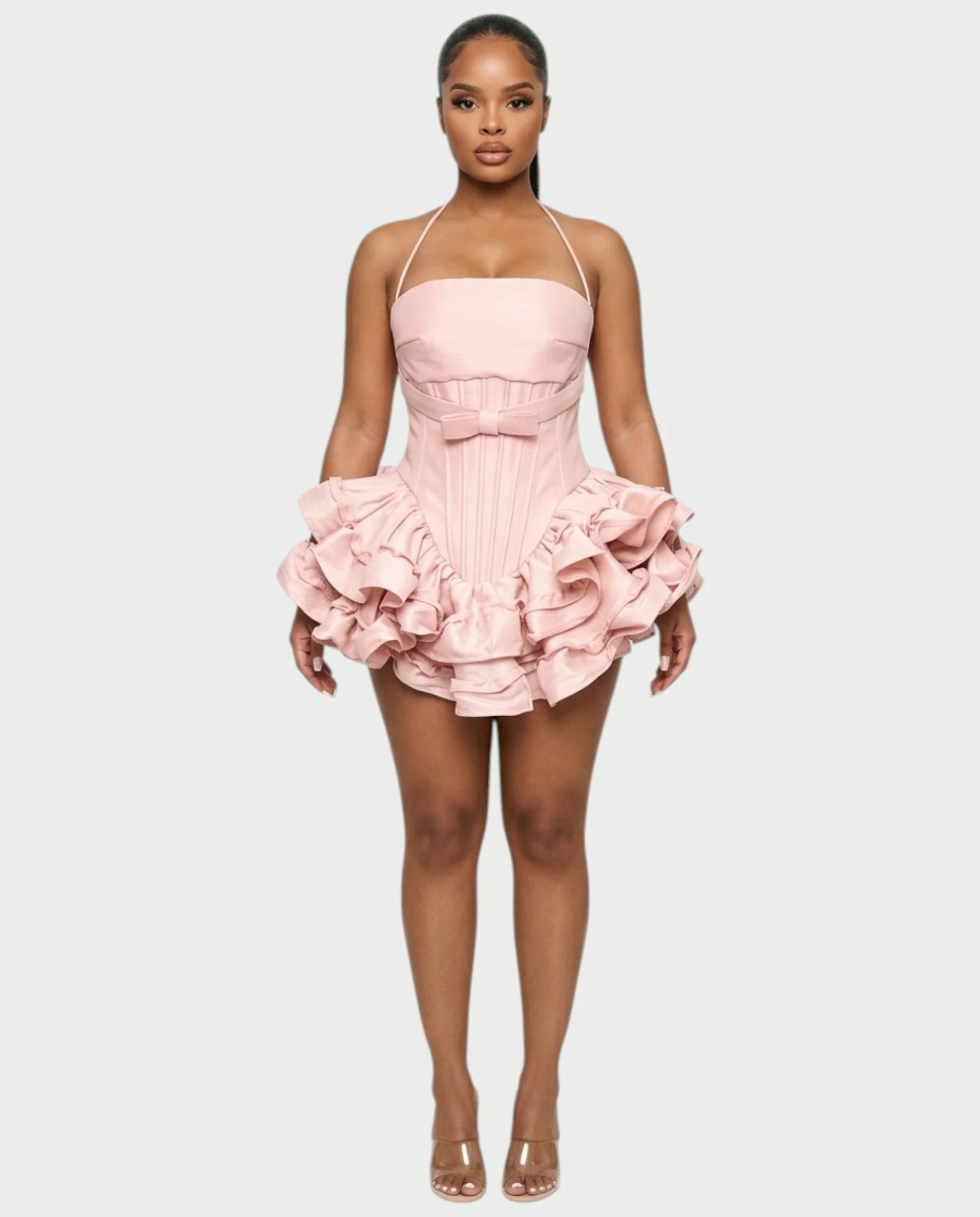 HELSA Halter Bow-Detail Corset Ruffle Mini Dress