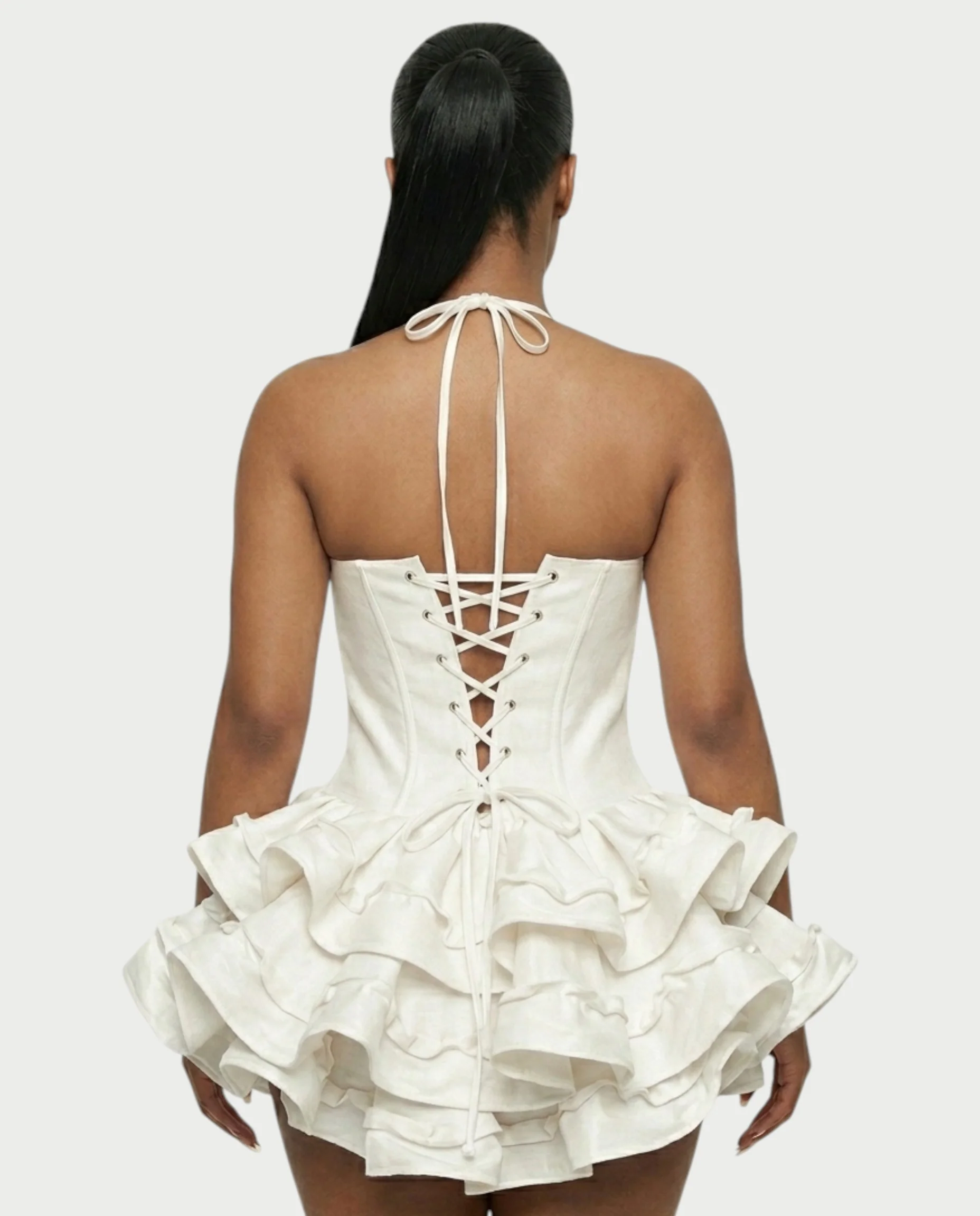 HELSA Halter Bow-Detail Corset Ruffle Mini Dress - Image 10