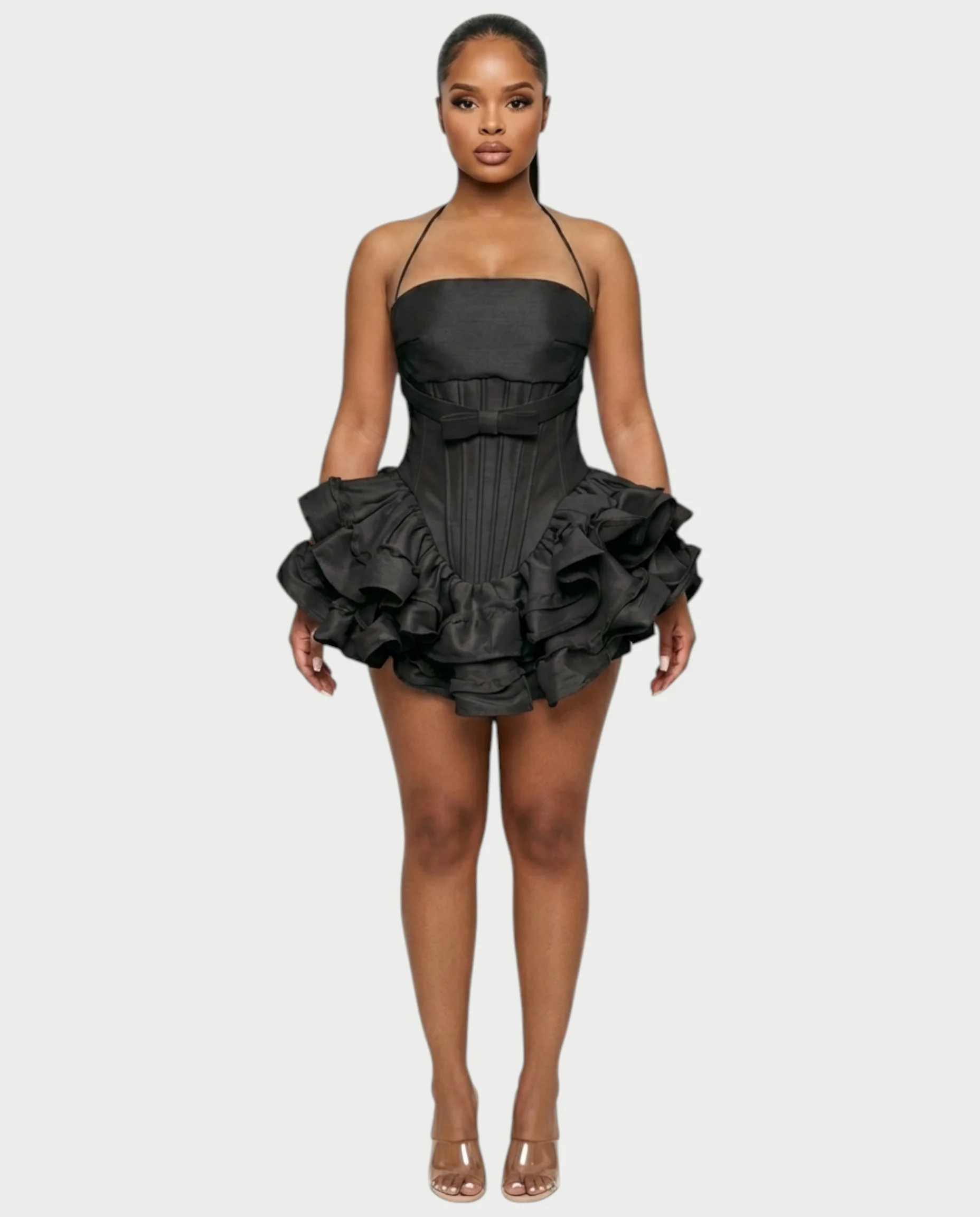 HELSA Halter Bow-Detail Corset Ruffle Mini Dress - Image 11