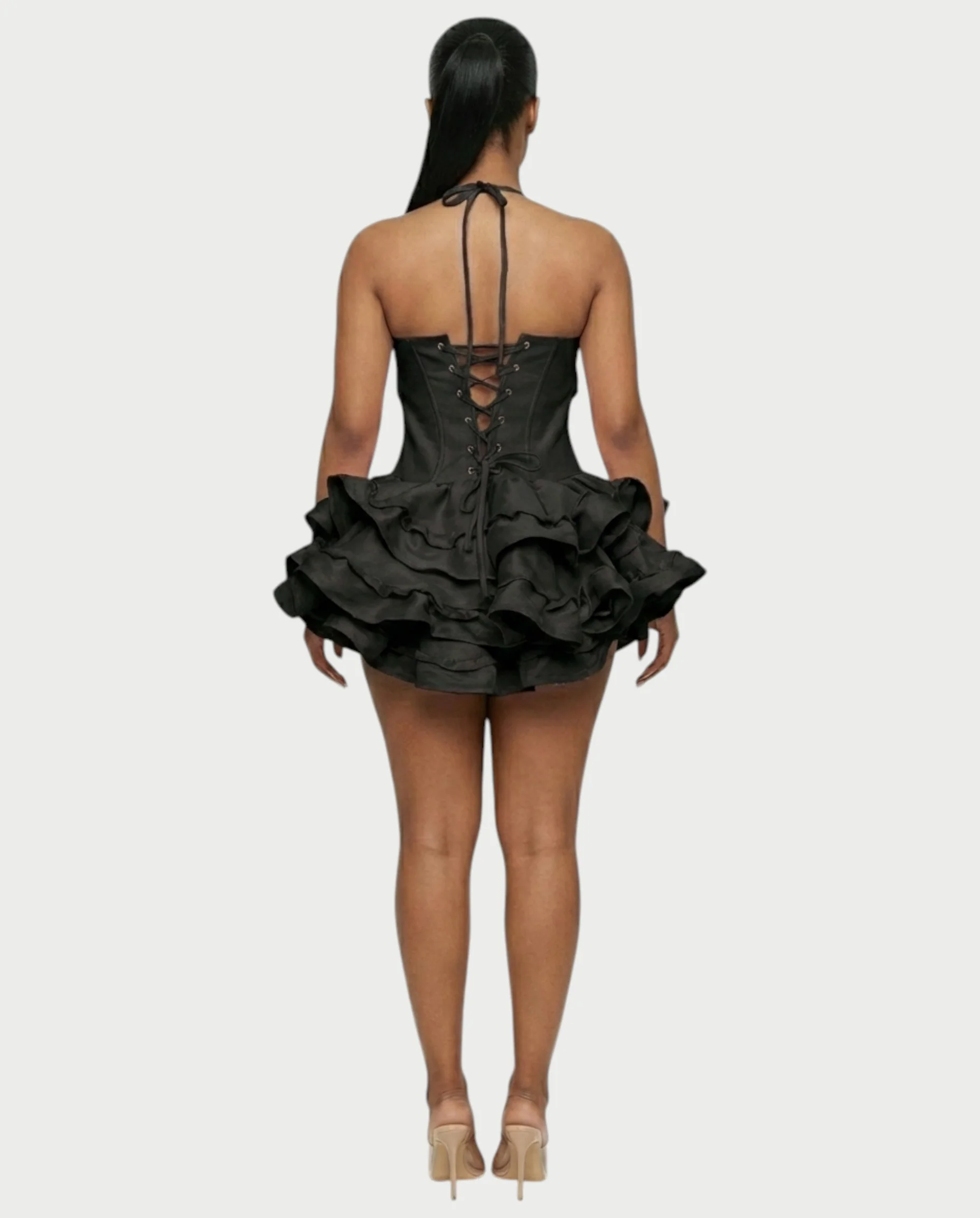 HELSA Halter Bow-Detail Corset Ruffle Mini Dress - Image 12