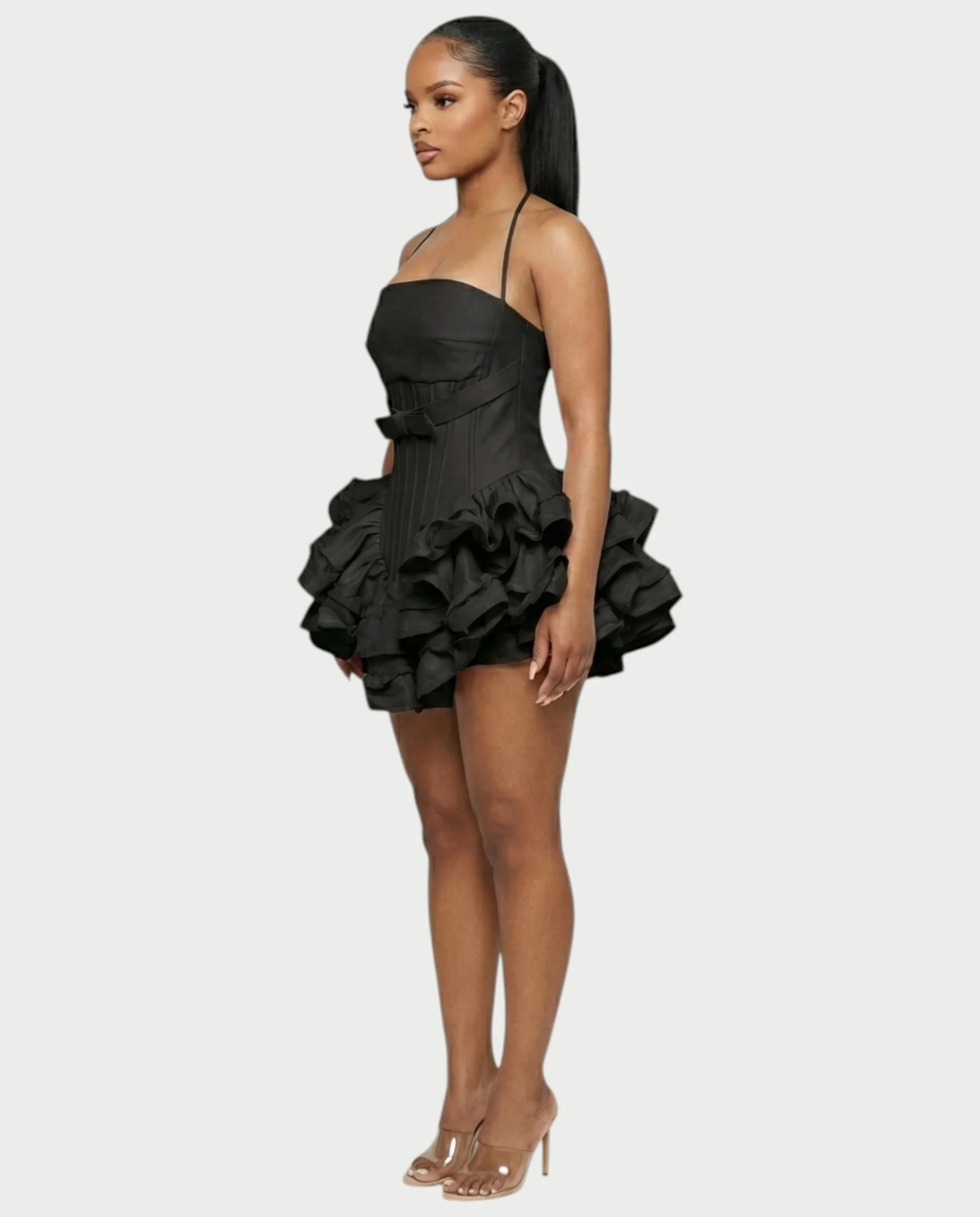 HELSA Halter Bow-Detail Corset Ruffle Mini Dress - Image 13
