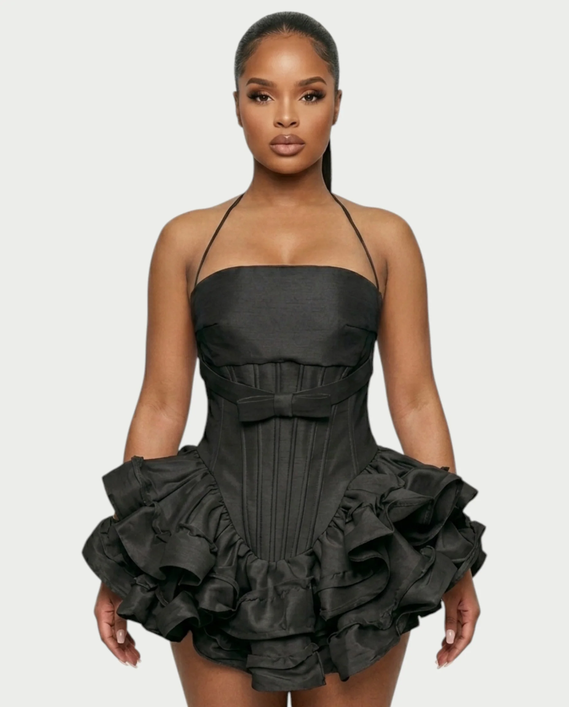 HELSA Halter Bow-Detail Corset Ruffle Mini Dress - Image 14