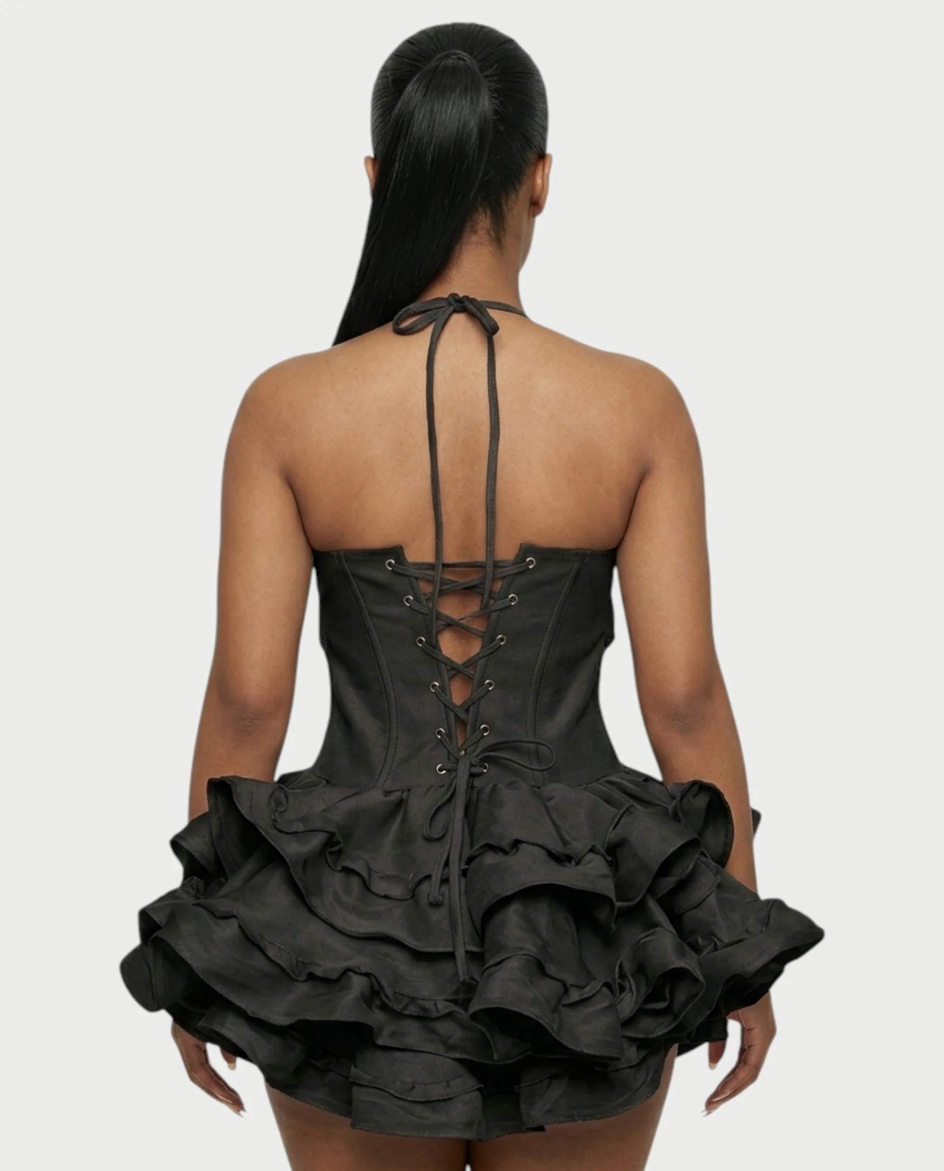 HELSA Halter Bow-Detail Corset Ruffle Mini Dress - Image 15