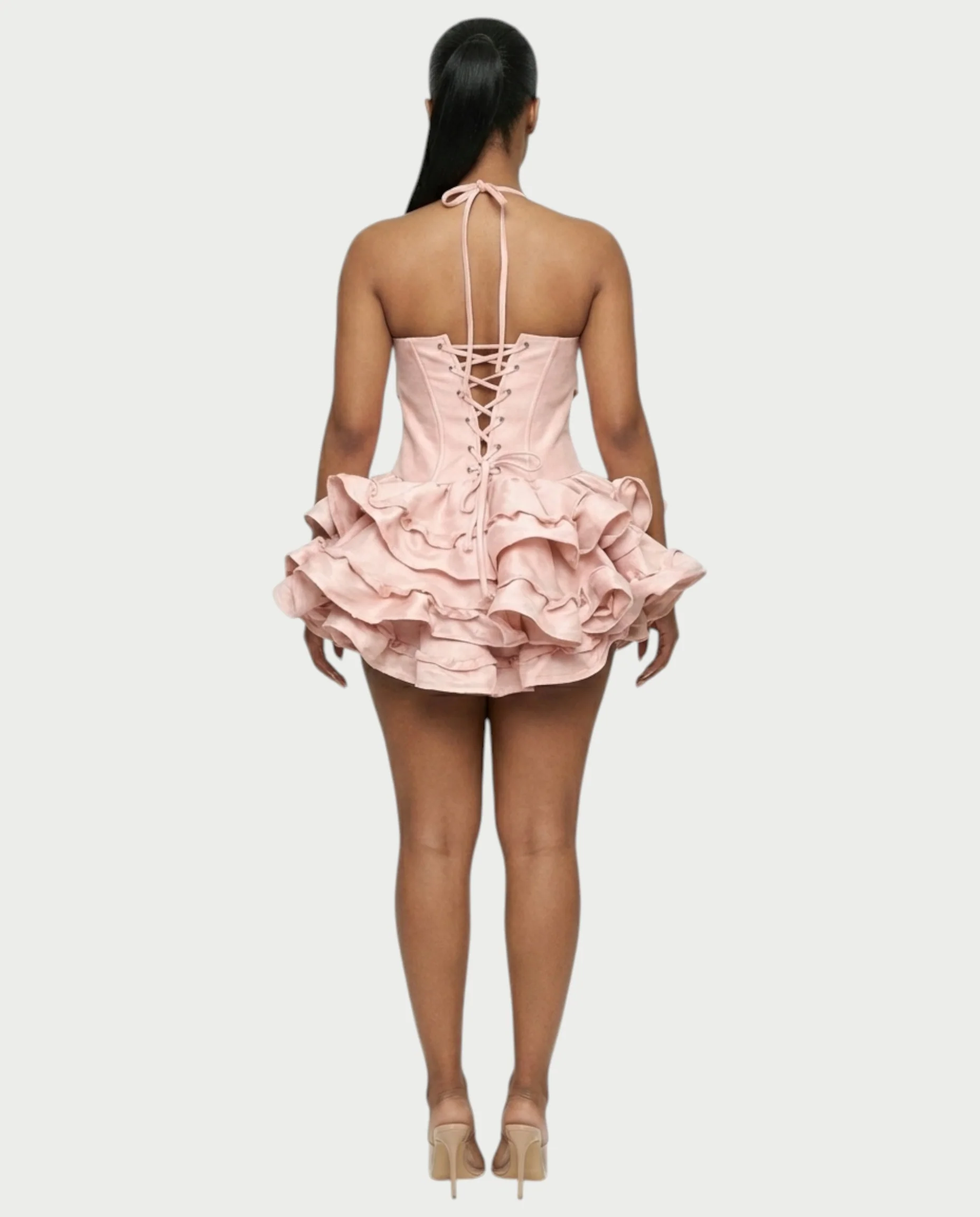 HELSA Halter Bow-Detail Corset Ruffle Mini Dress - Image 2