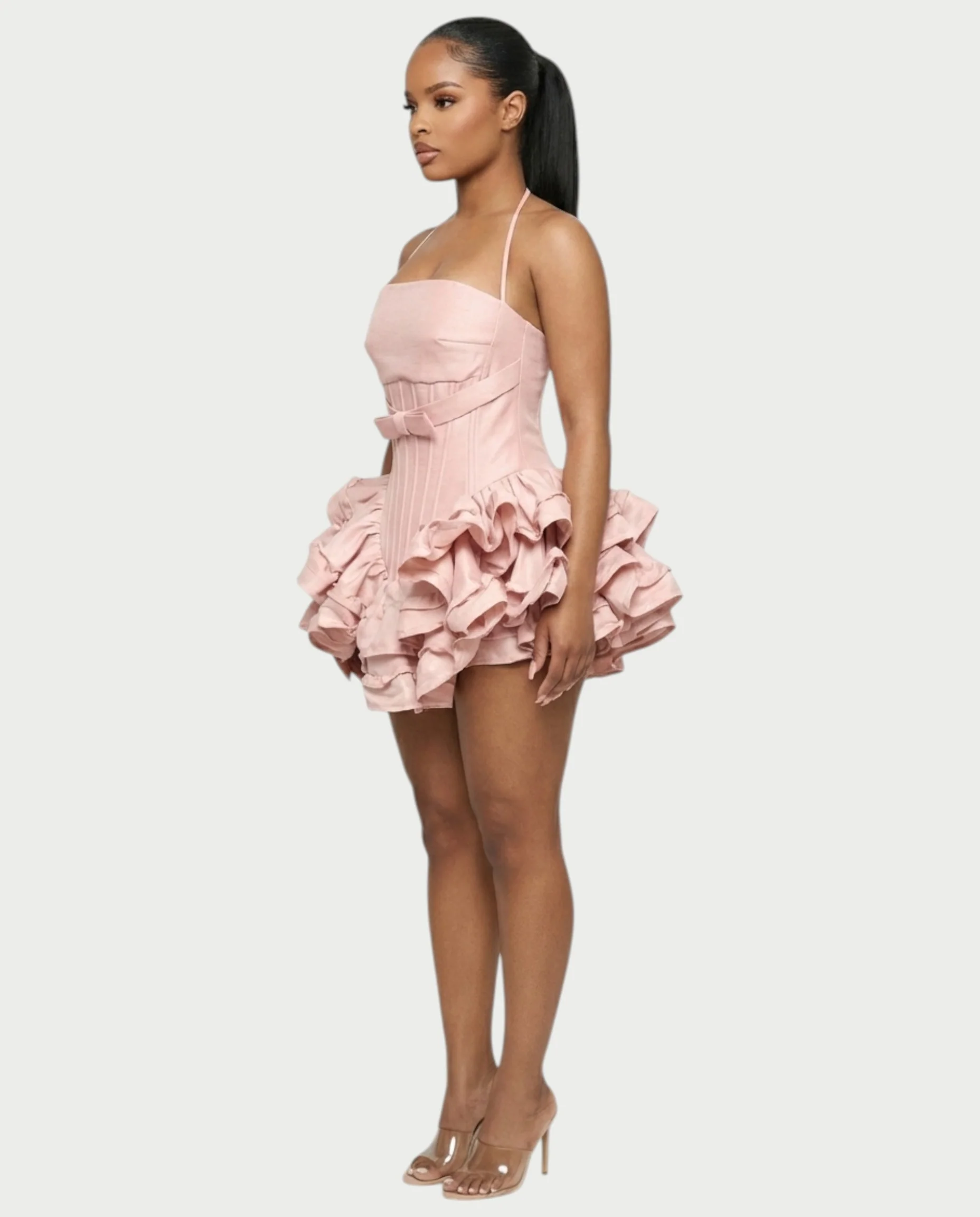 HELSA Halter Bow-Detail Corset Ruffle Mini Dress - Image 3