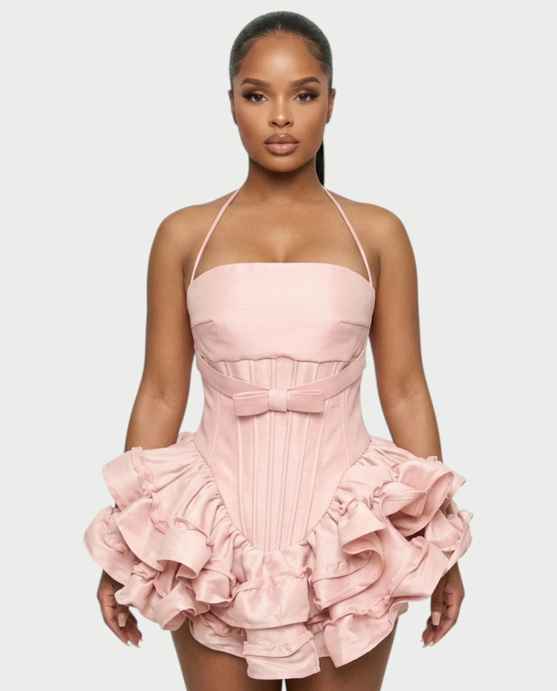 HELSA Halter Bow-Detail Corset Ruffle Mini Dress - Image 4