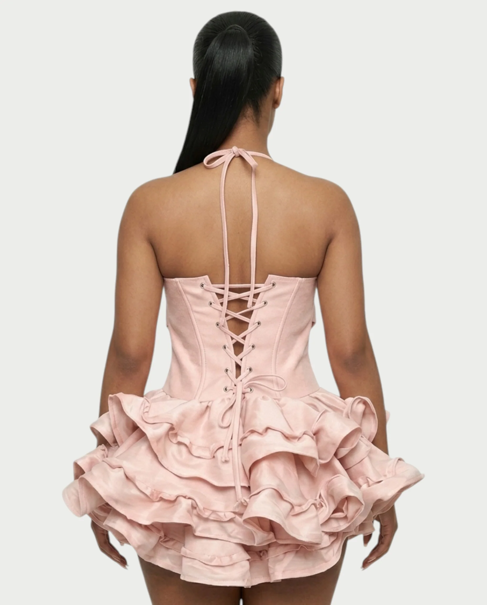 HELSA Halter Bow-Detail Corset Ruffle Mini Dress - Image 5