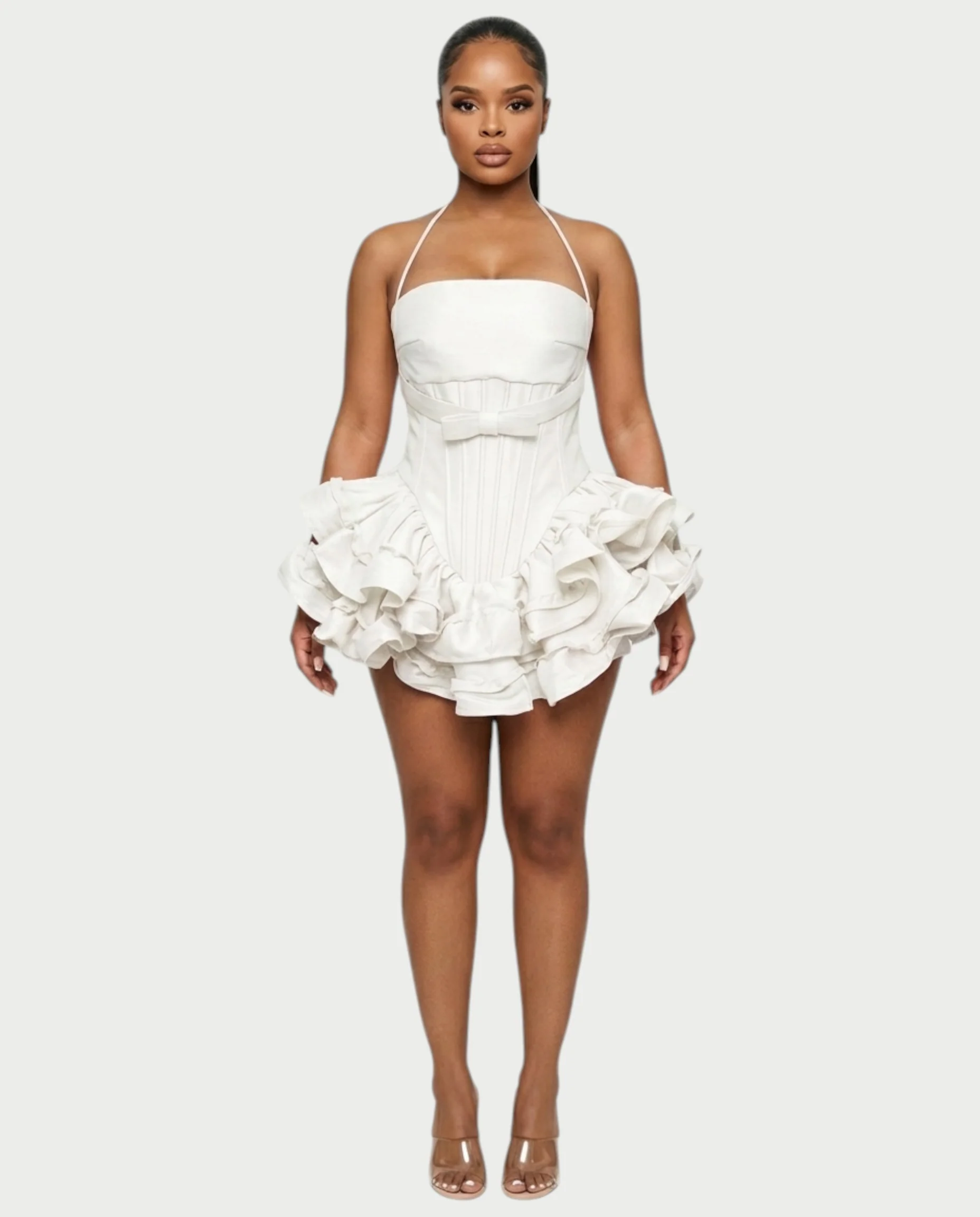 HELSA Halter Bow-Detail Corset Ruffle Mini Dress - Image 6
