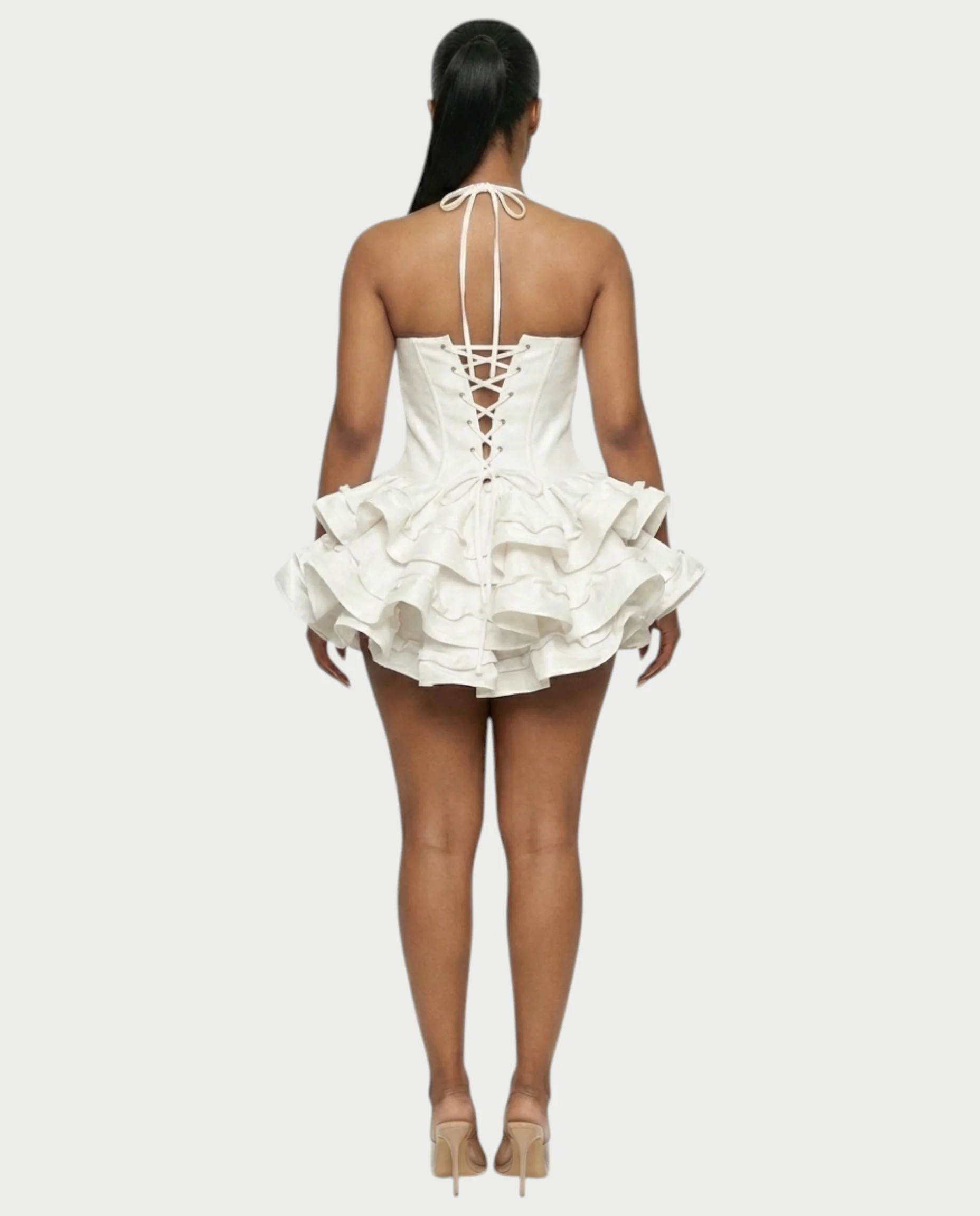 HELSA Halter Bow-Detail Corset Ruffle Mini Dress - Image 7