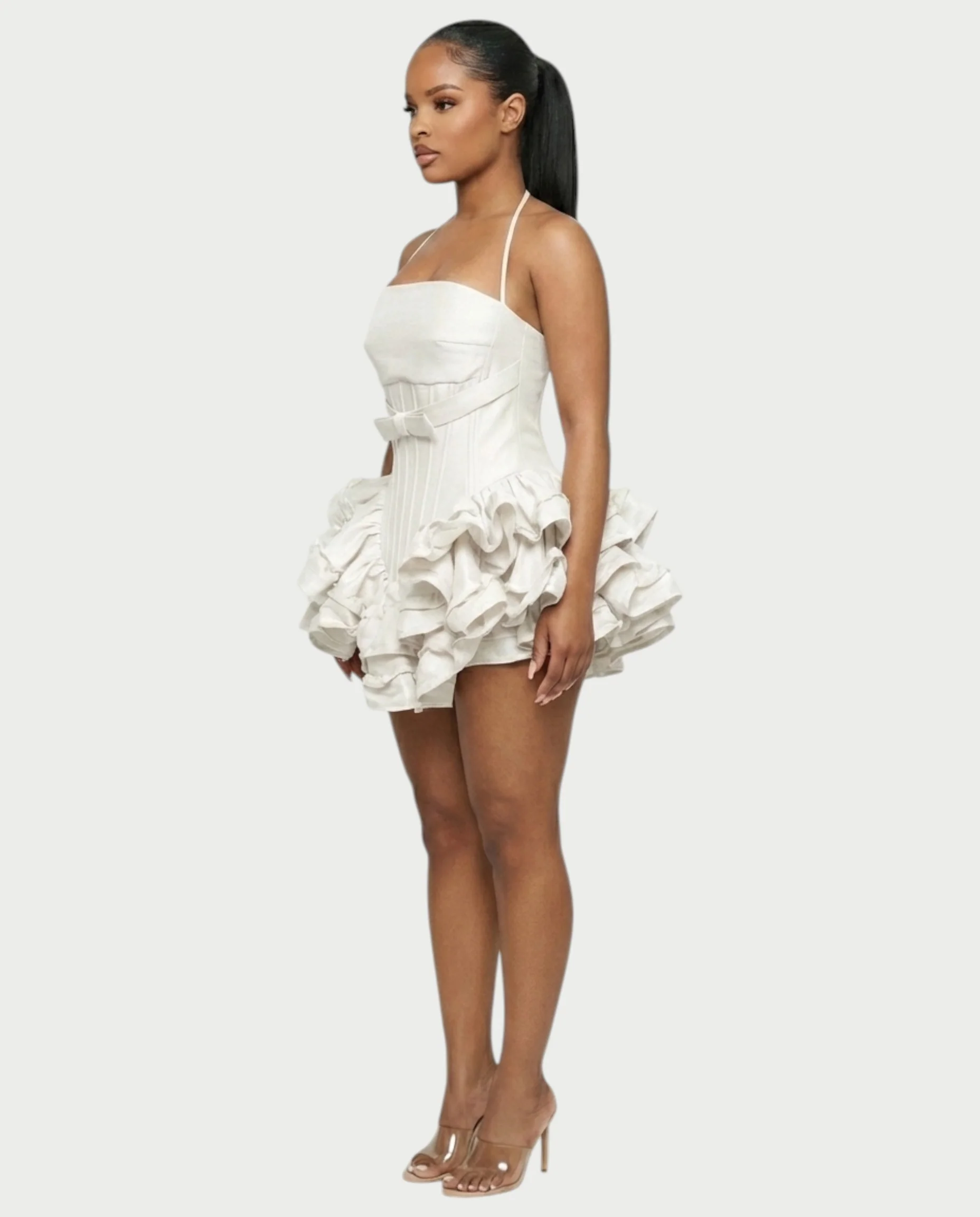 HELSA Halter Bow-Detail Corset Ruffle Mini Dress - Image 8