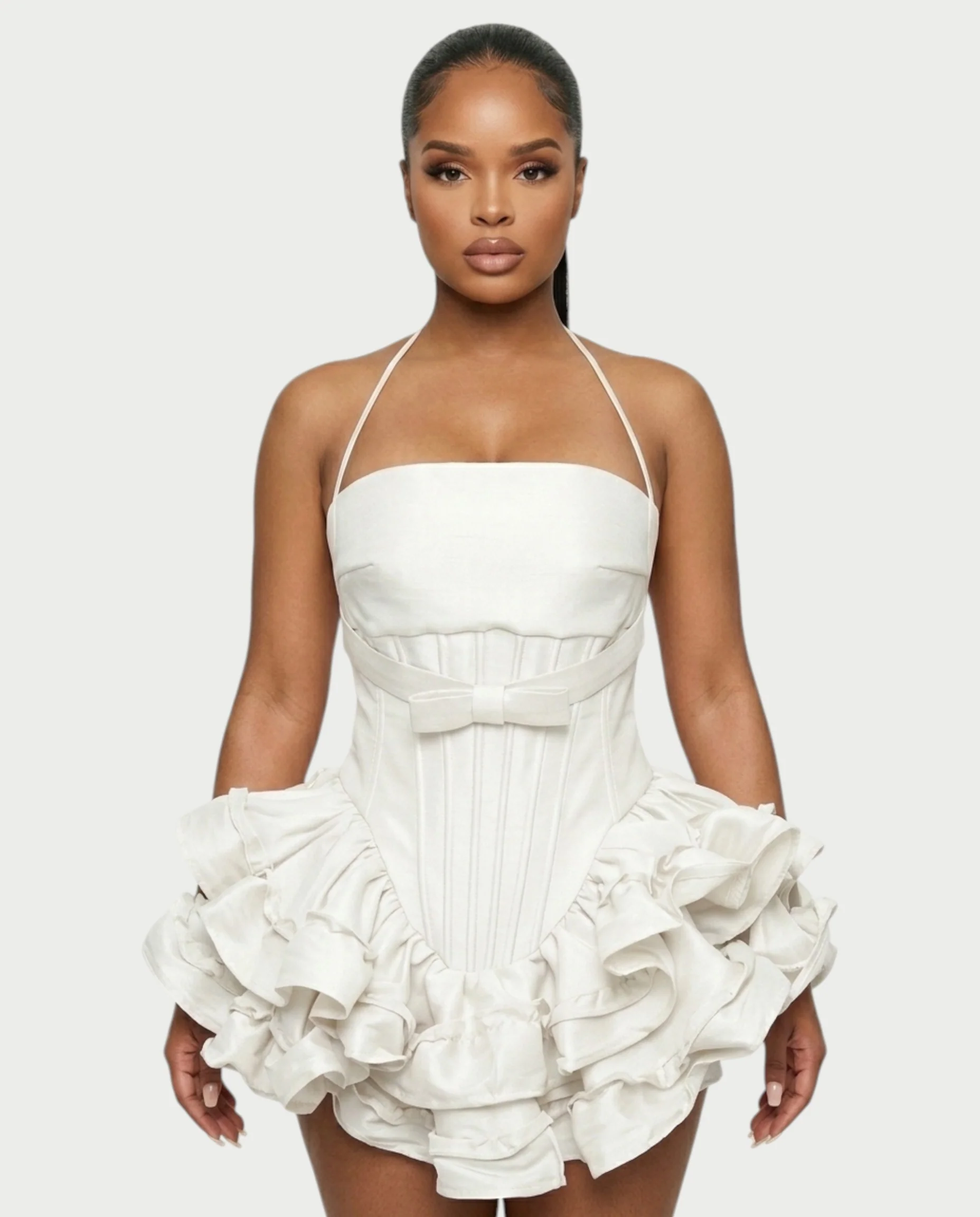 HELSA Halter Bow-Detail Corset Ruffle Mini Dress - Image 9