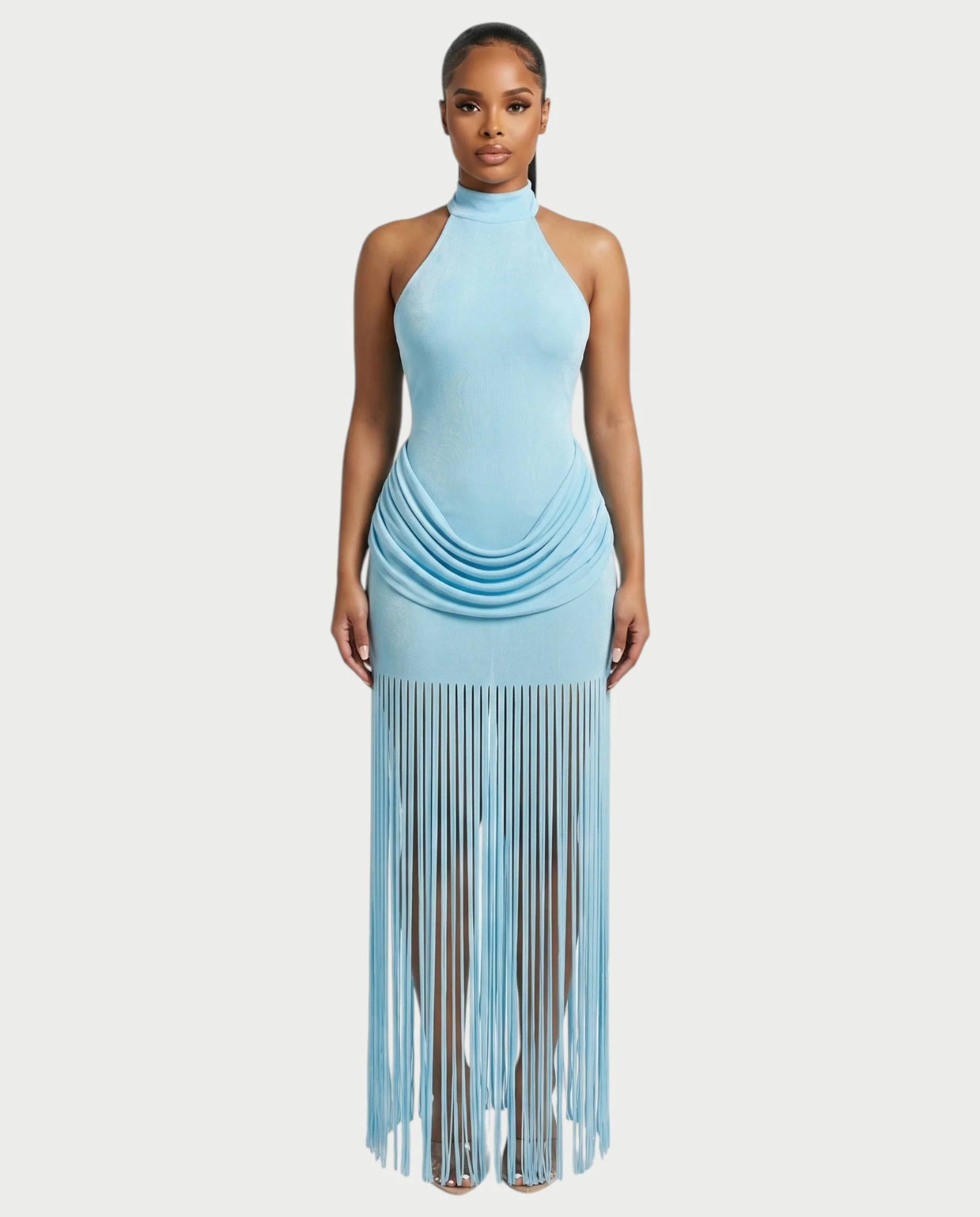 HIRANA Halter Neck Draped Fringe Maxi Dress