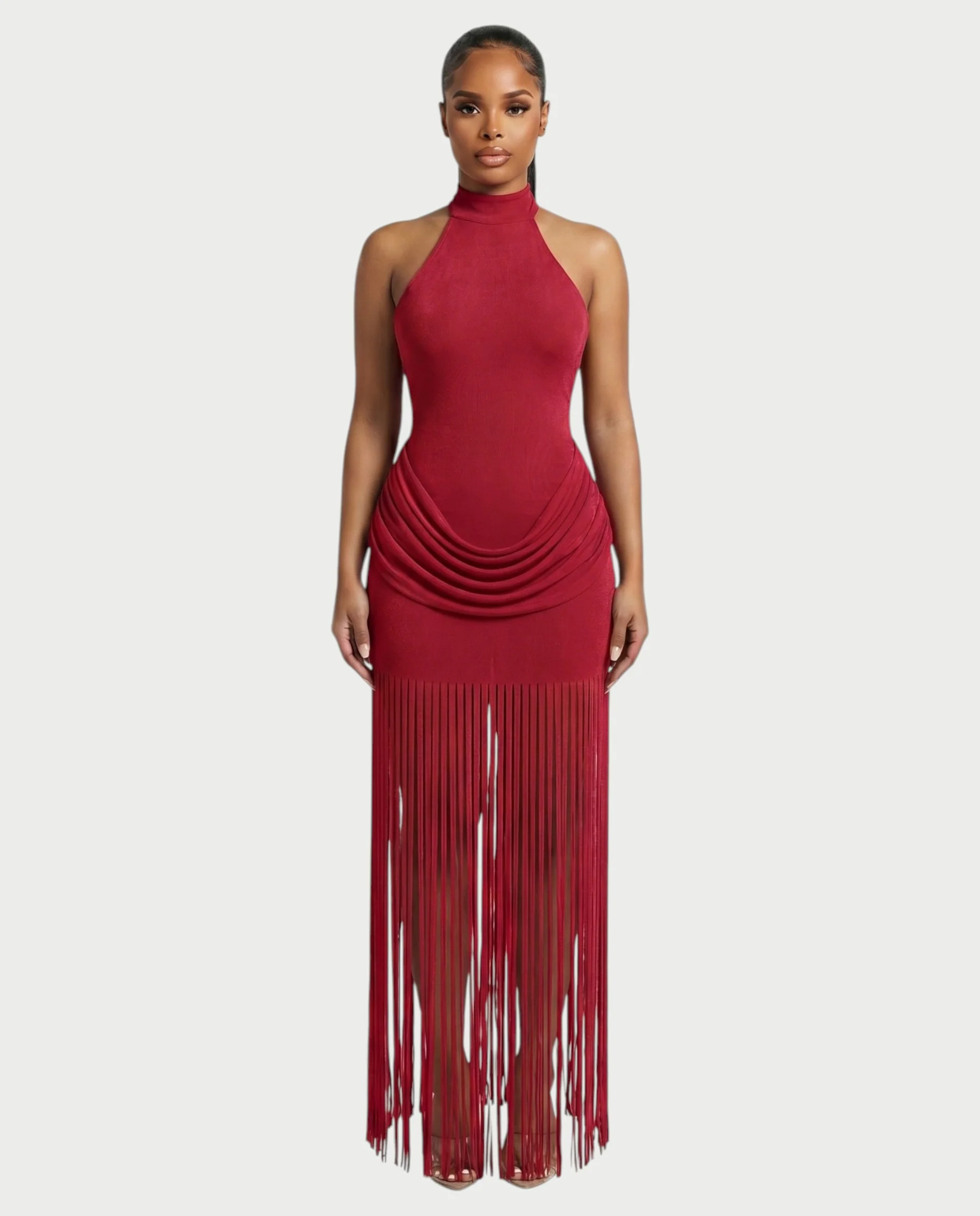 HIRANA Halter Neck Draped Fringe Maxi Dress - Image 11
