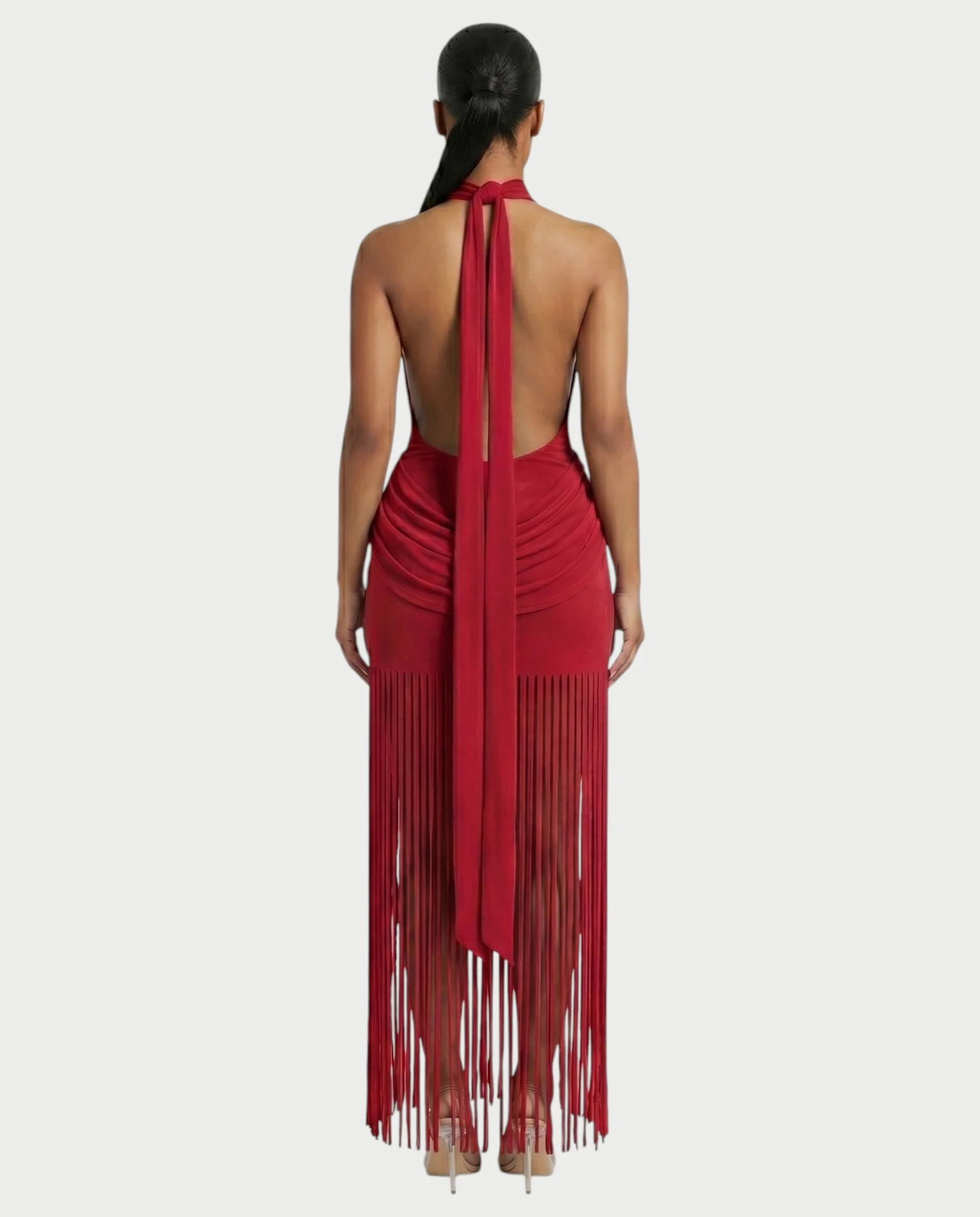 HIRANA Halter Neck Draped Fringe Maxi Dress - Image 12
