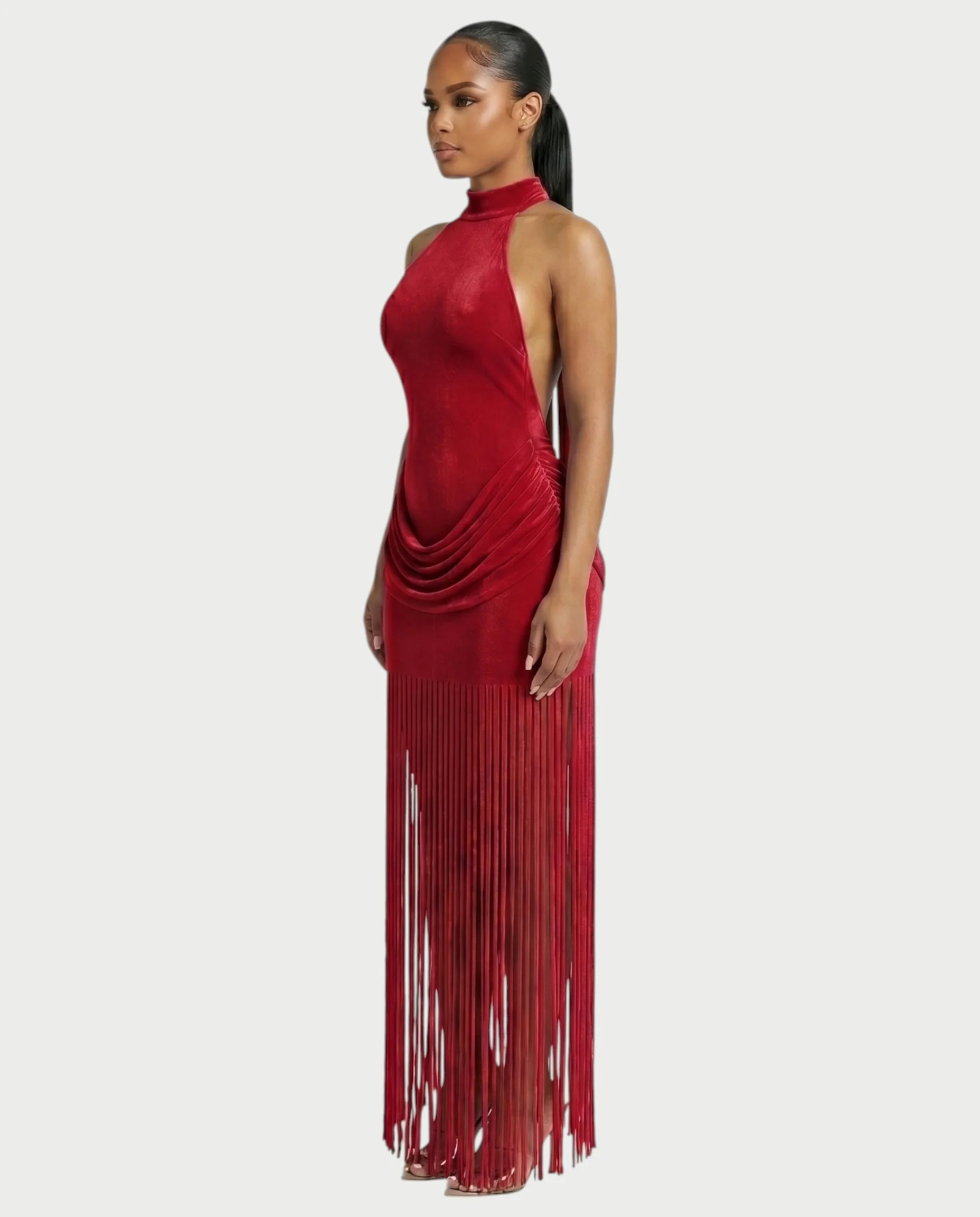 HIRANA Halter Neck Draped Fringe Maxi Dress - Image 13