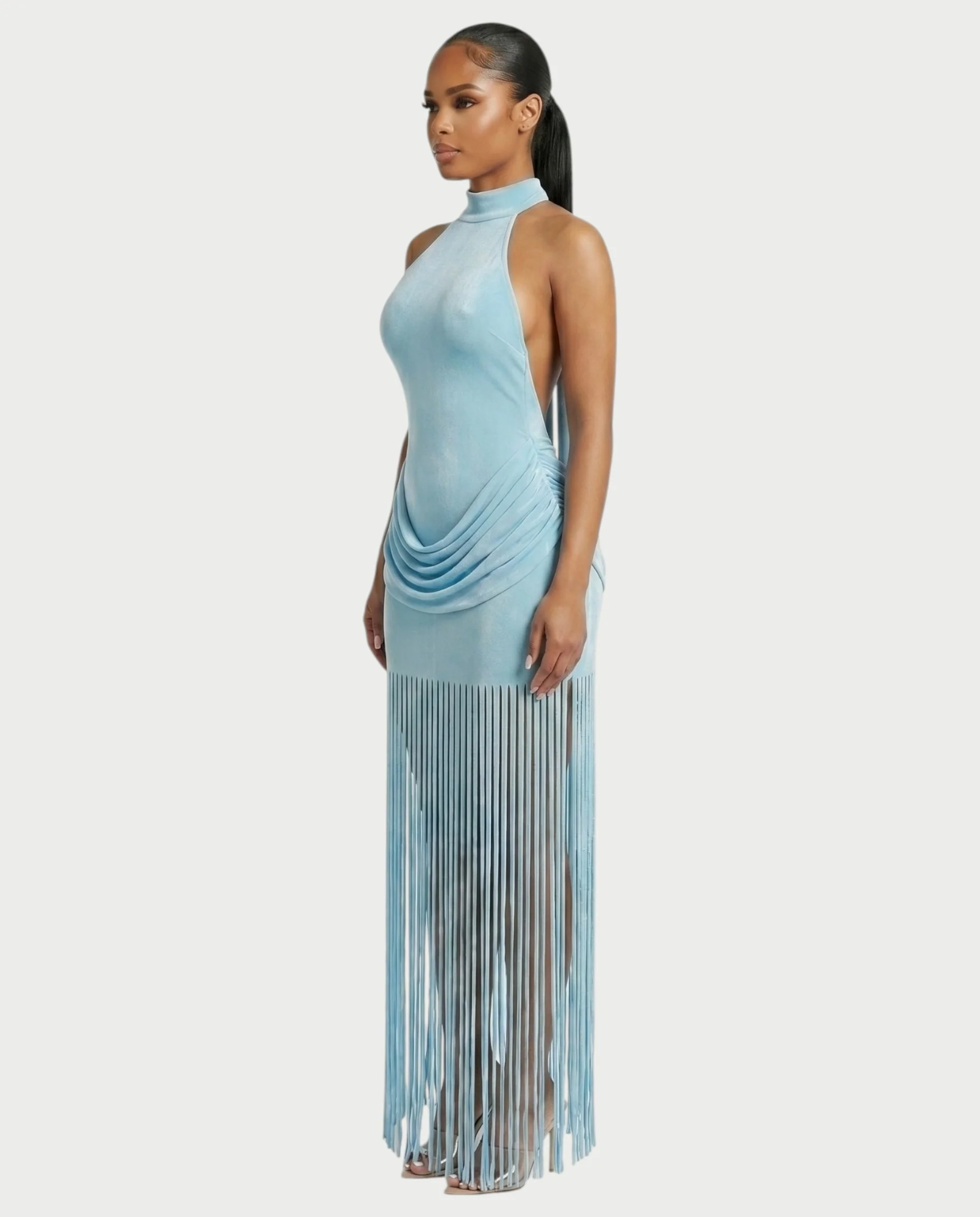 HIRANA Halter Neck Draped Fringe Maxi Dress - Image 3