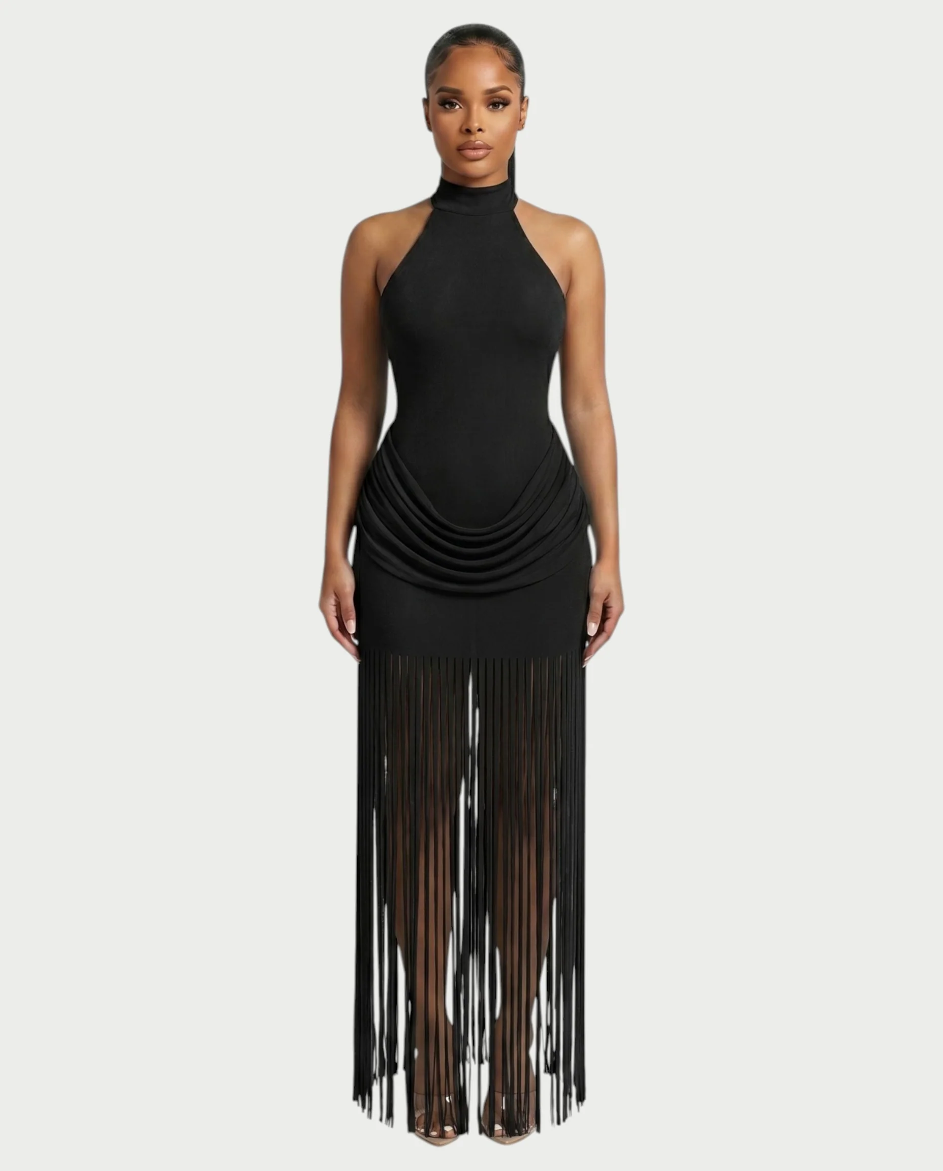 HIRANA Halter Neck Draped Fringe Maxi Dress - Image 6