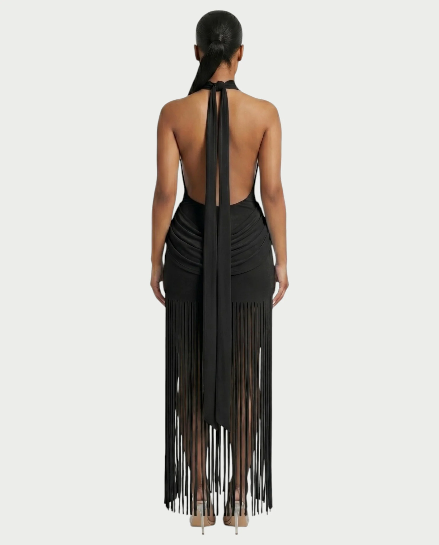 HIRANA Halter Neck Draped Fringe Maxi Dress - Image 7