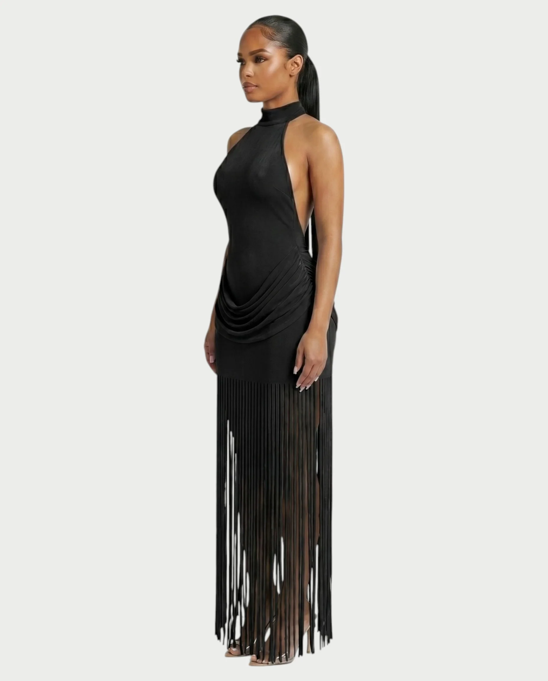 HIRANA Halter Neck Draped Fringe Maxi Dress - Image 8
