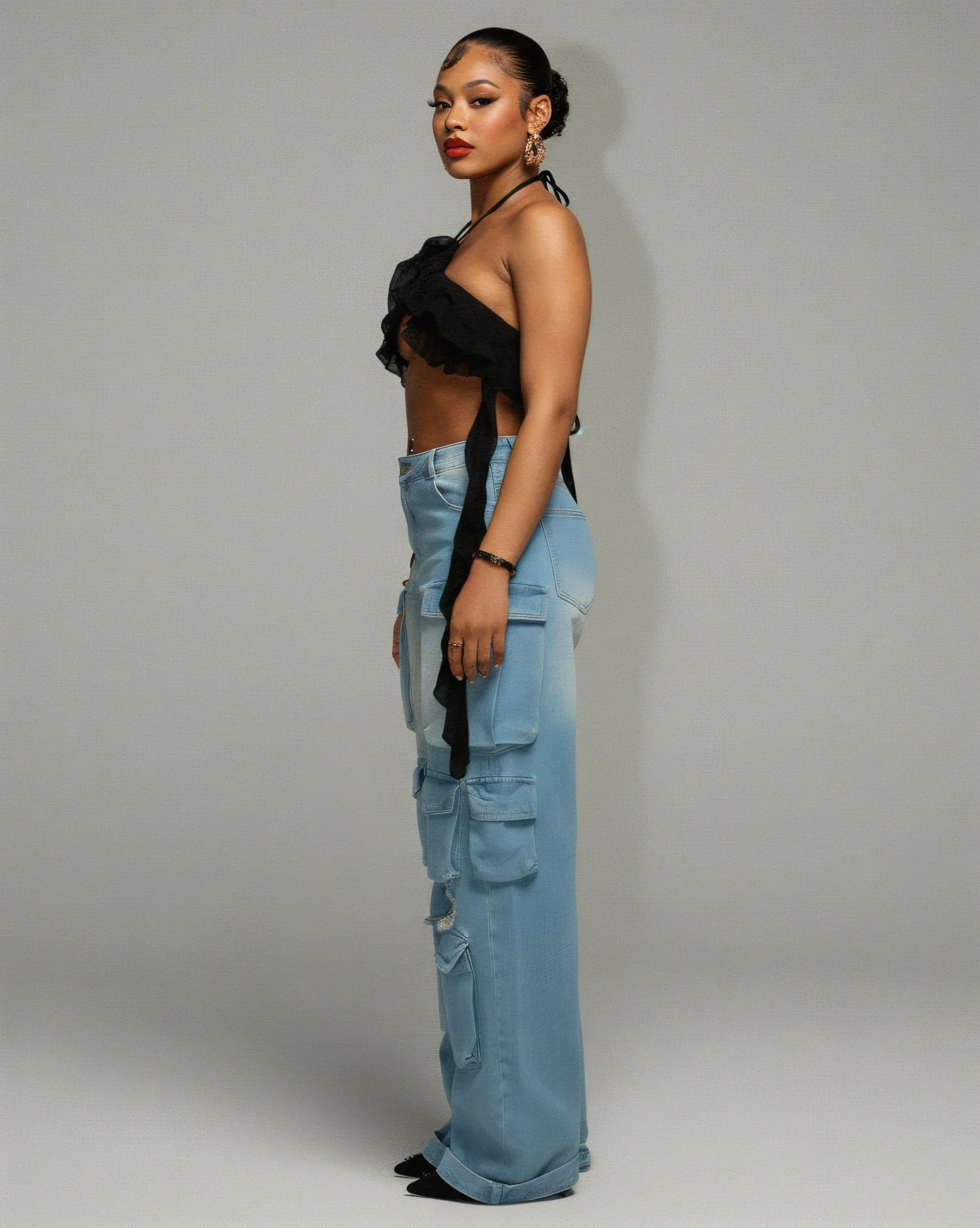 INGRID Denim Ripped Cargo Pants - Image 3