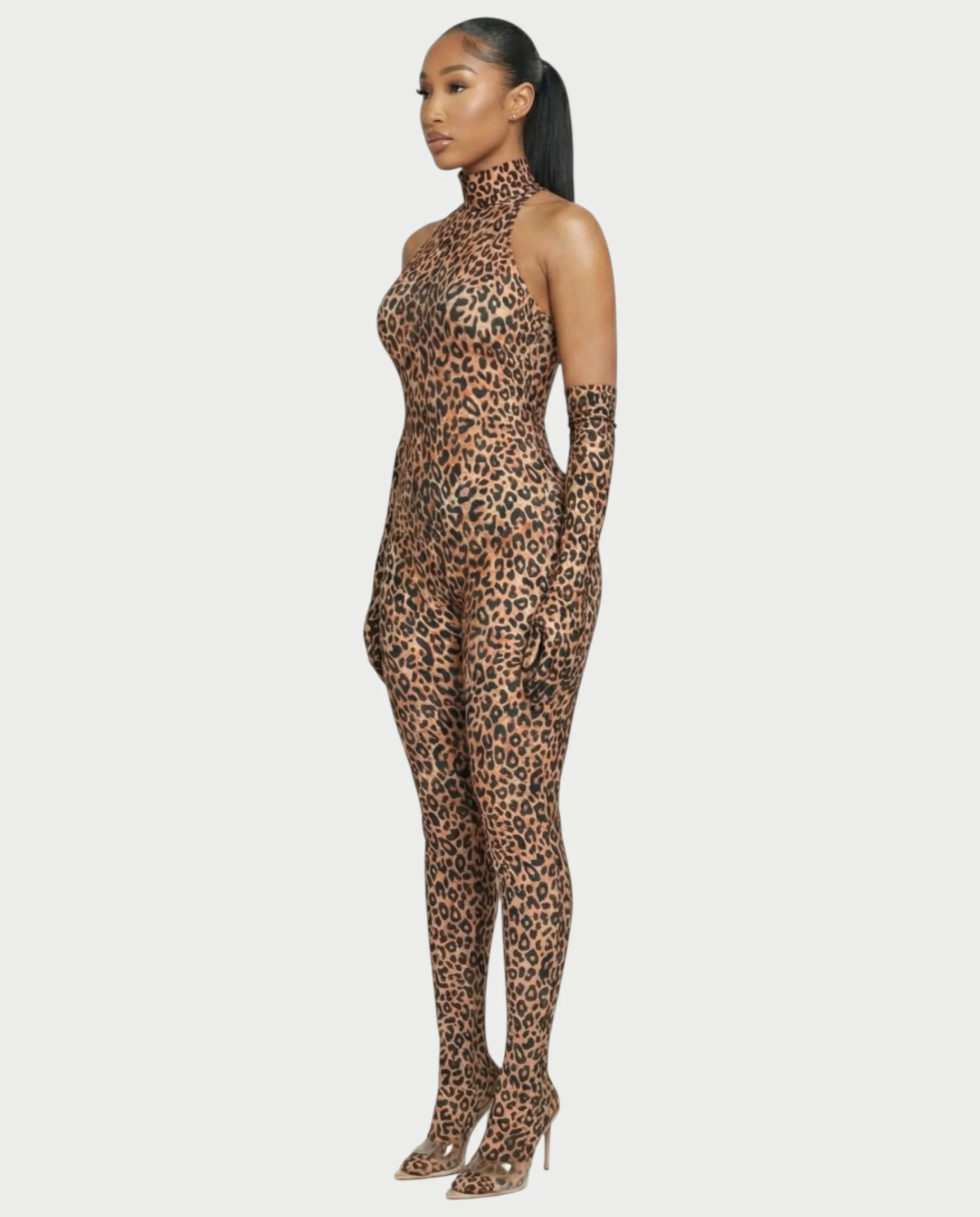 ISALINE Leopard Print High Neck Jumpsuit & Gloves Set - Image 3