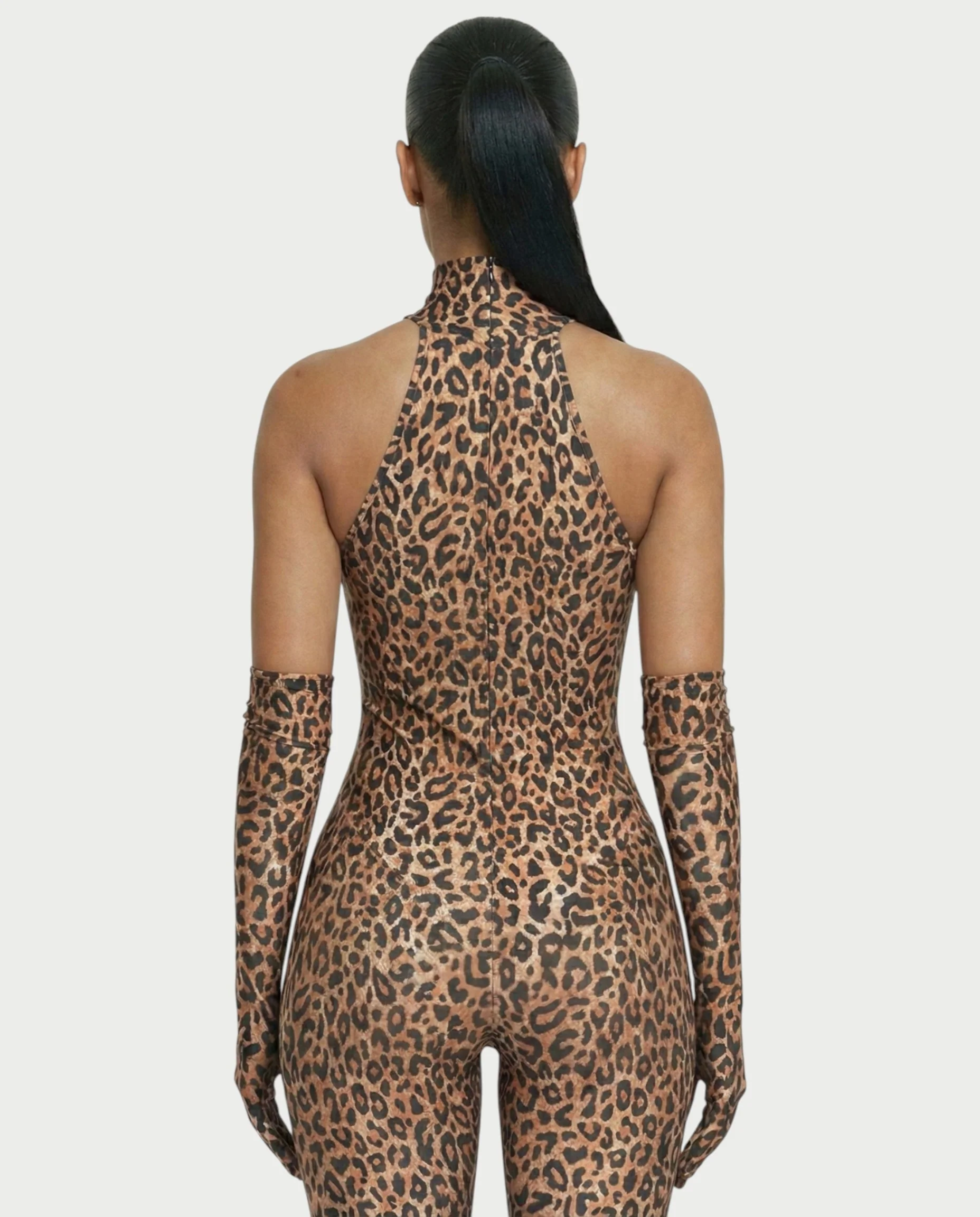ISALINE Leopard Print High Neck Jumpsuit & Gloves Set - Image 5