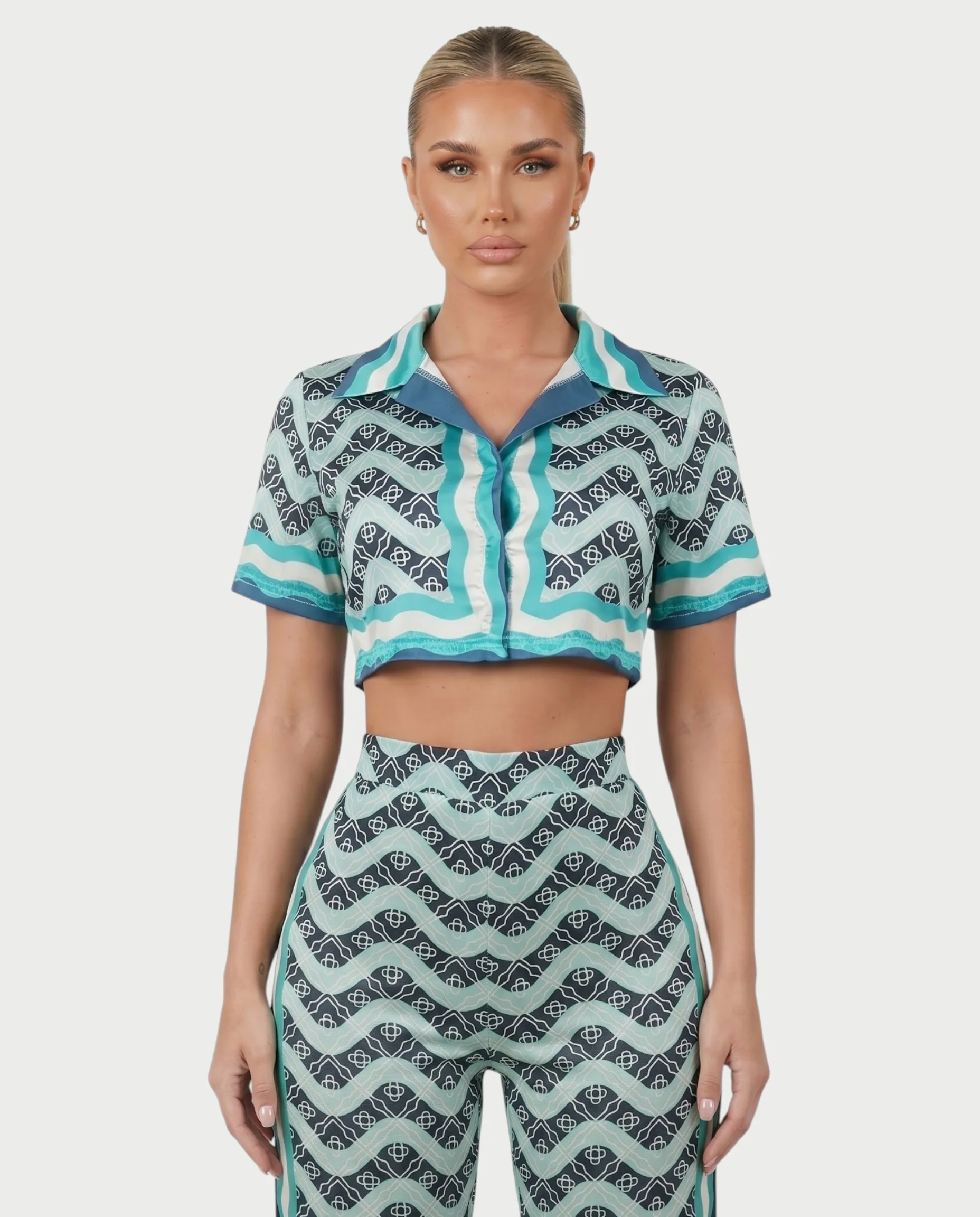 JODI Satin Geo Wave Collared Top & Pants Set - Image 4