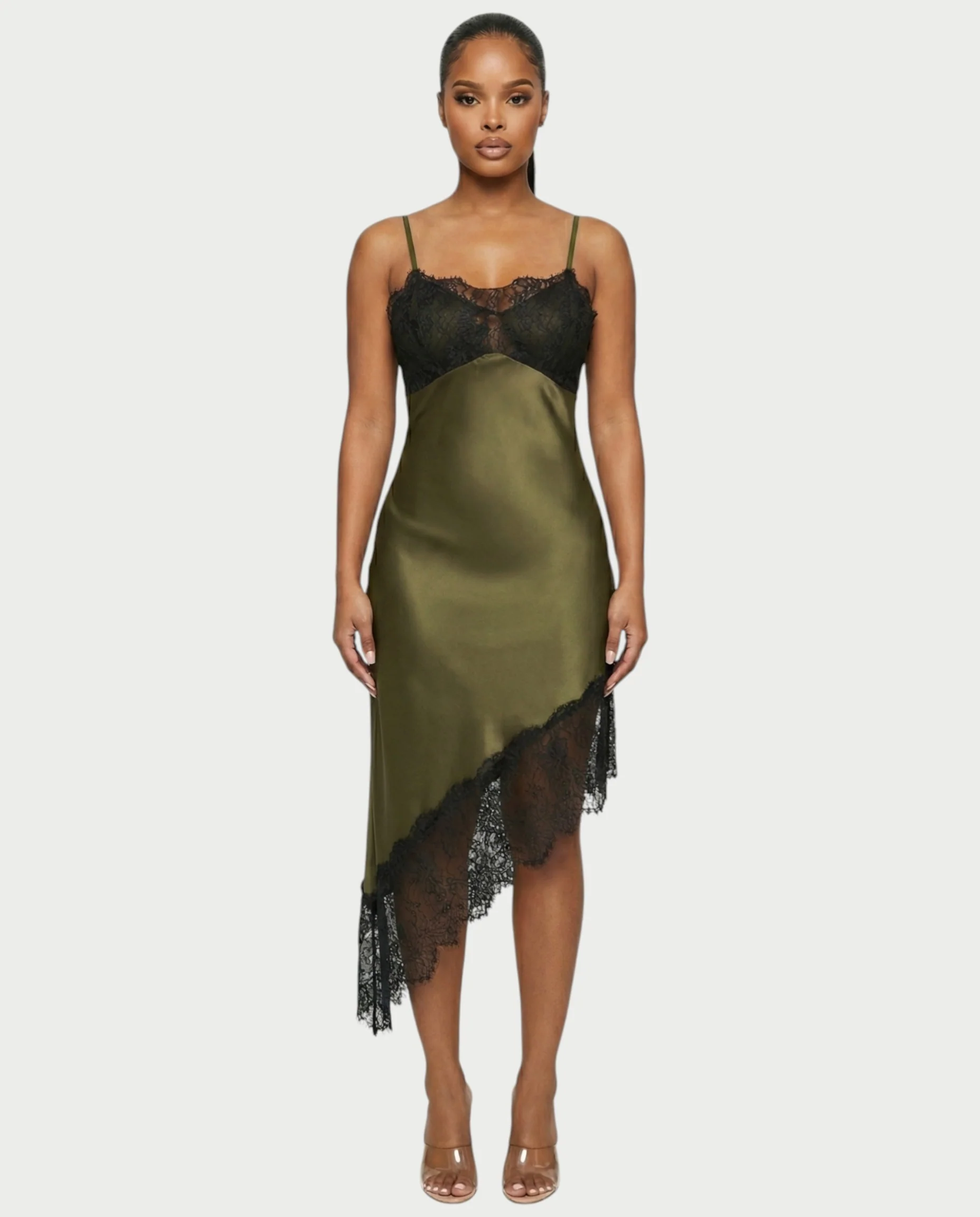 KARISA Sheer Lace Satin Midi Dress