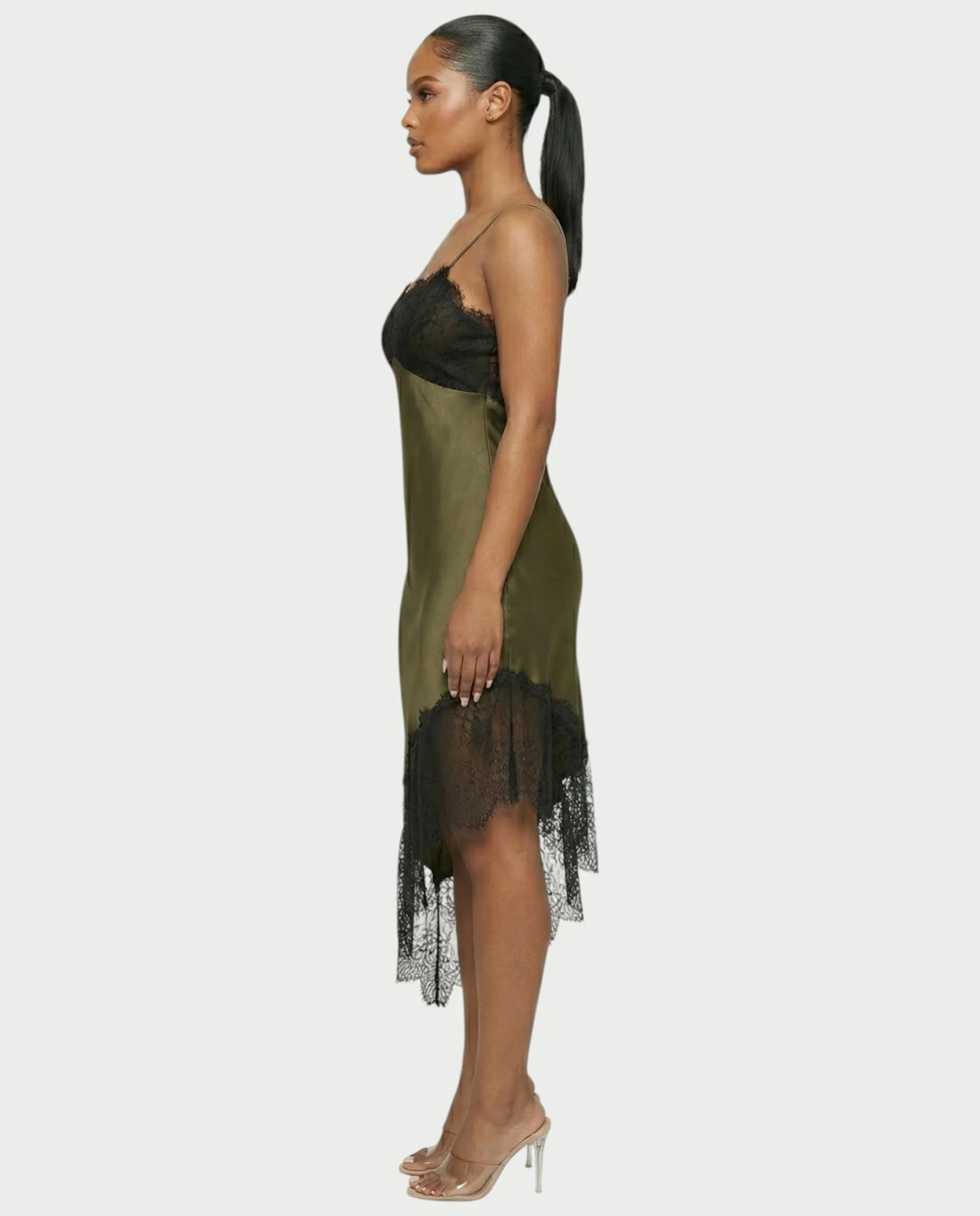 KARISA Sheer Lace Satin Midi Dress - Image 3