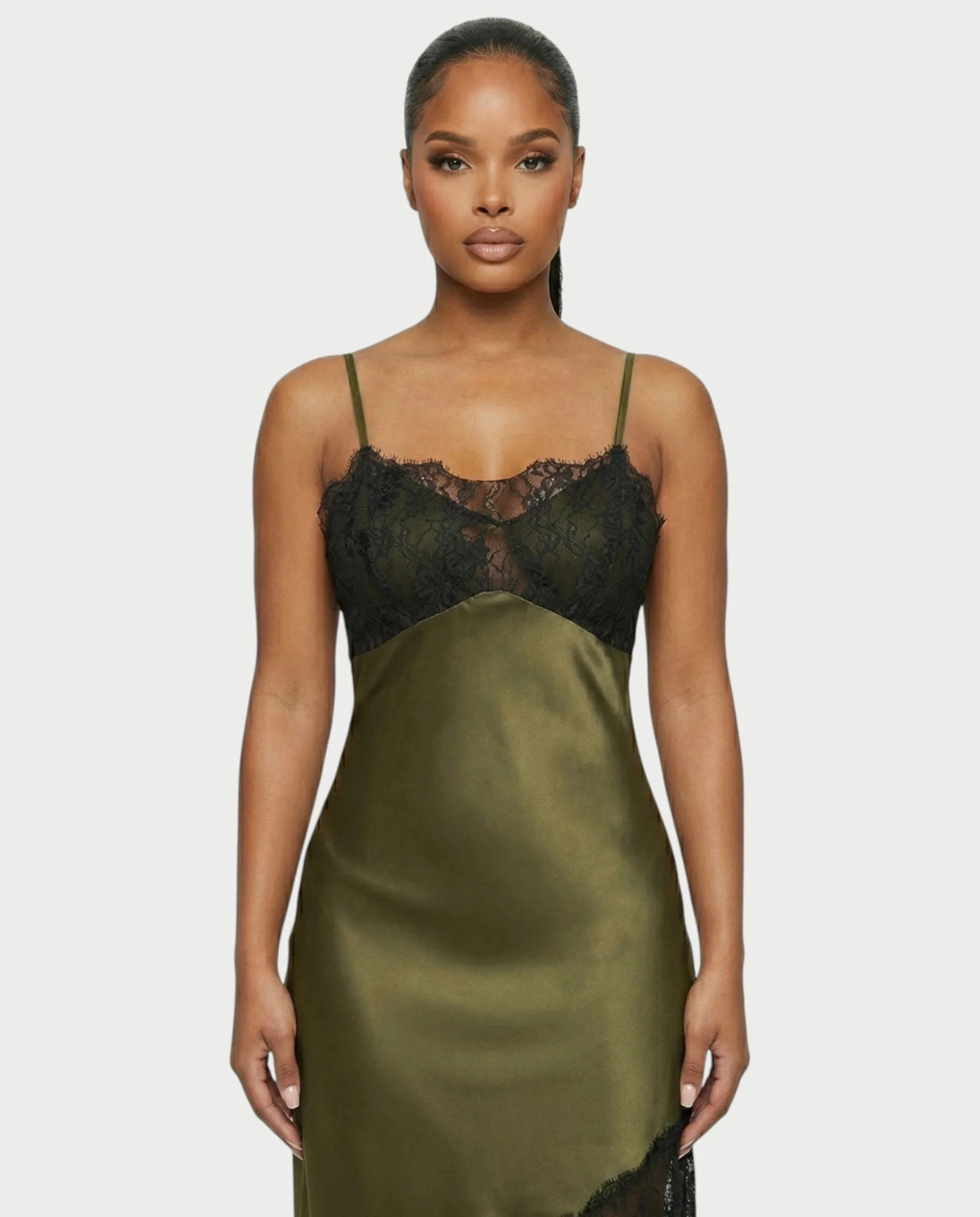 KARISA Sheer Lace Satin Midi Dress - Image 4