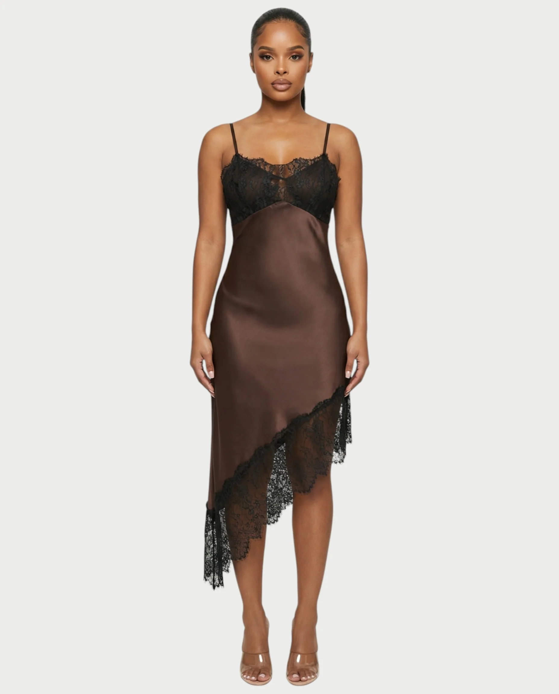 KARISA Sheer Lace Satin Midi Dress - Image 6