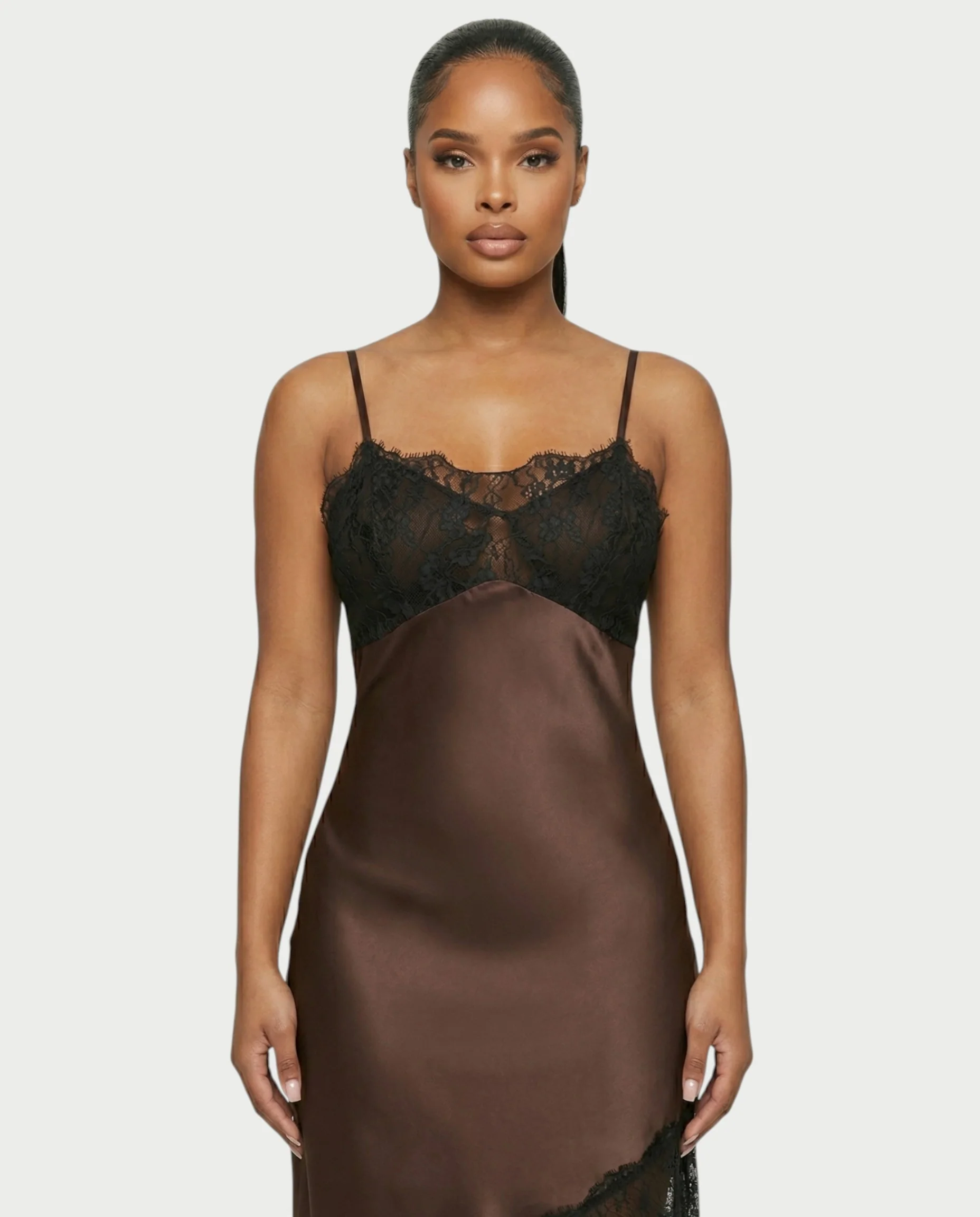 KARISA Sheer Lace Satin Midi Dress - Image 9