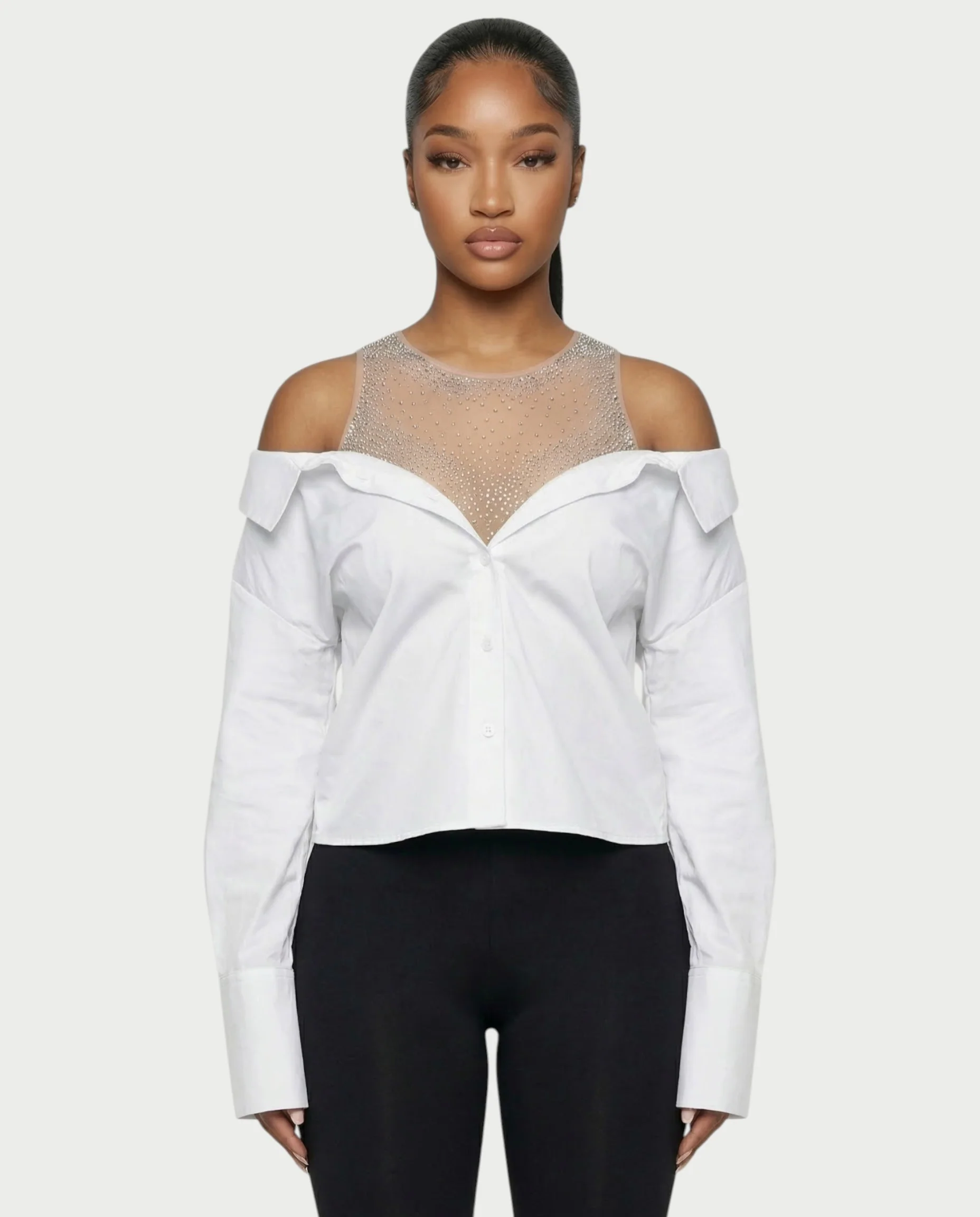 LAINE Off-Shoulder Rhinestone Shirt Top - Image 6