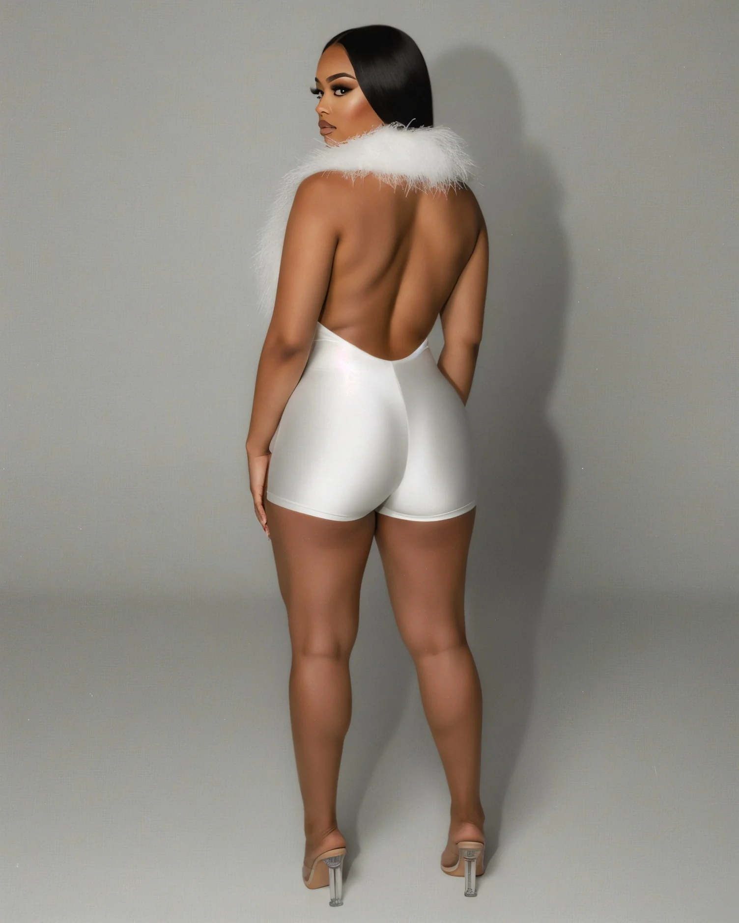 LANNY Deep V Neck Faux Feather Satin Romper - Image 4